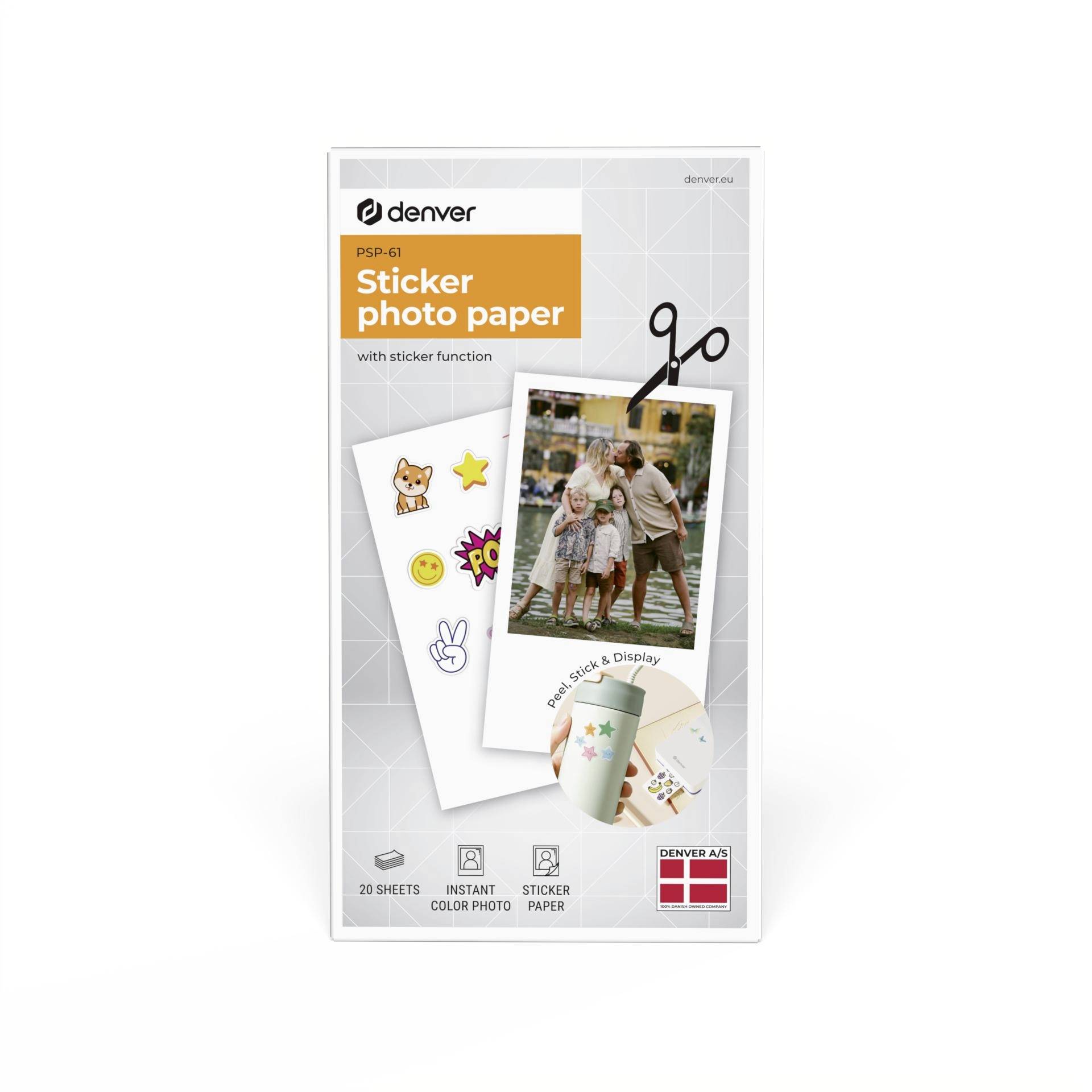 Paket Denver 'Sticker-Fotopapier' mit Stickerfunktion, zeigt Beispielfotos und Symbole, beschriftet mit '20 Blatt' und 'sofortige Farbfoto'.