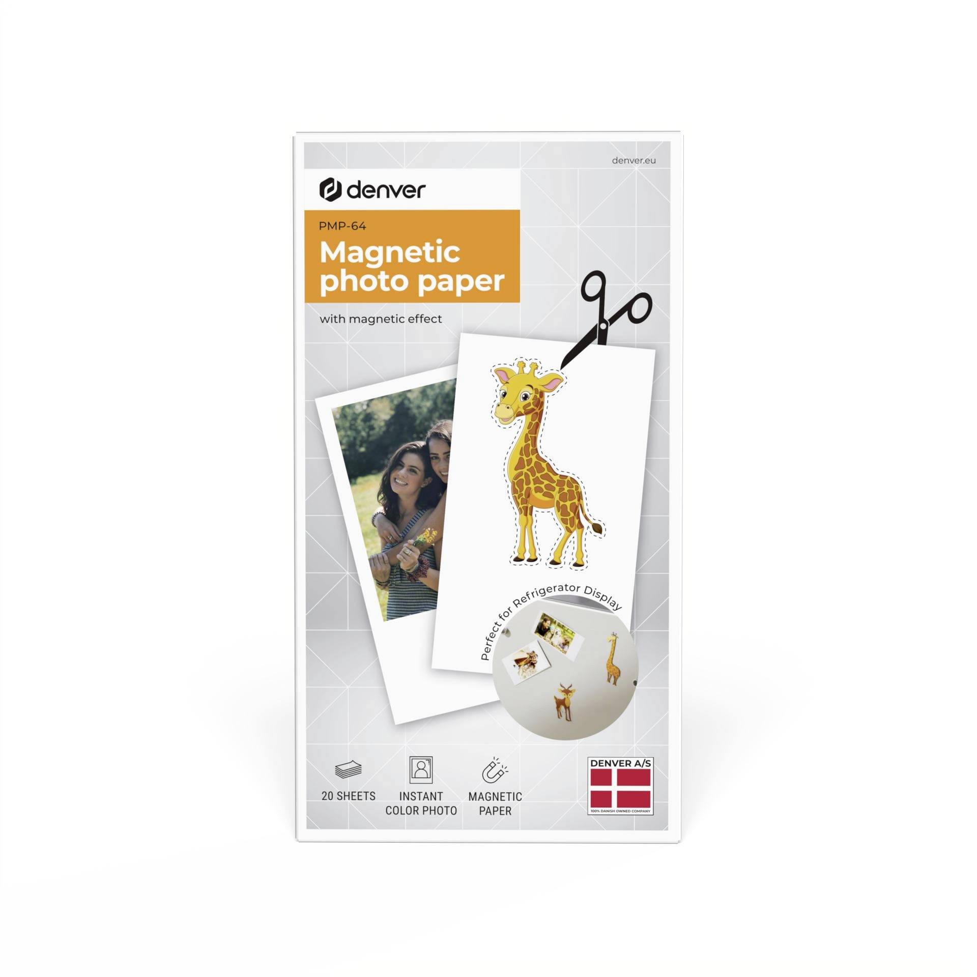 Denver magnetisches Fotopapier-Verpackung mit Beispielfotos und einem Giraffenbild, das an einem Kühlschrankmagnet befestigt ist, gekennzeichnet für sofortige Farbfotos.