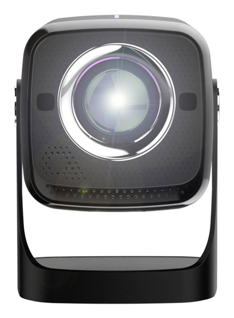 Gros plan d'un projecteur compact noir avec une grande lentille centrale, présenté de face sur un fond blanc.