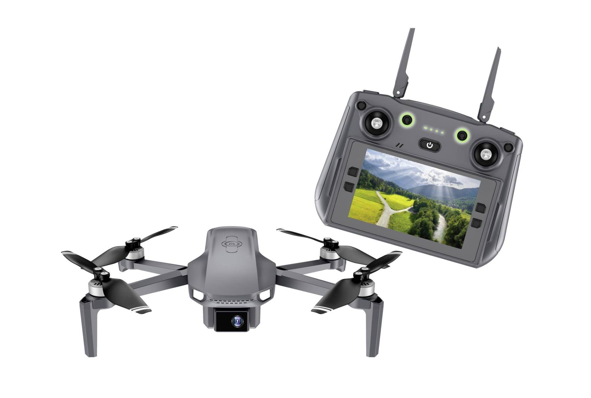 Un drone quadcopter gris avec caméra et télécommande, montré avec une vue en direct d'un paysage sur l'écran de la télécommande.