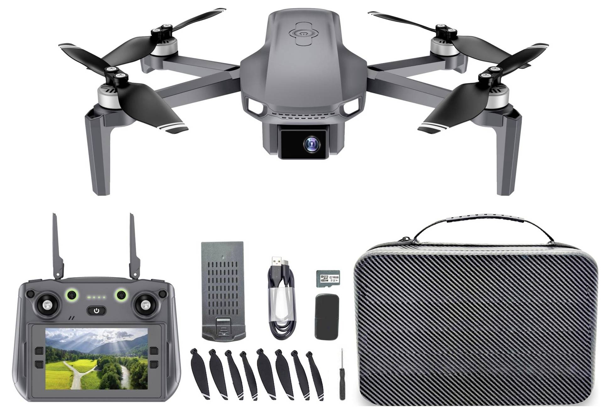 Drone quadricoptère pliable gris avec caméra, télécommande, batterie, chargeur, hélices de rechange, outil et étui de transport présentés comme un kit produit complet.