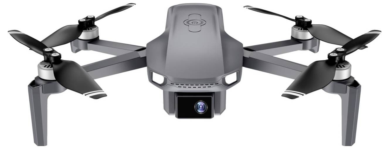 Drone quadricoptère gris avec quatre hélices et caméra frontale, présenté sur un fond blanc.