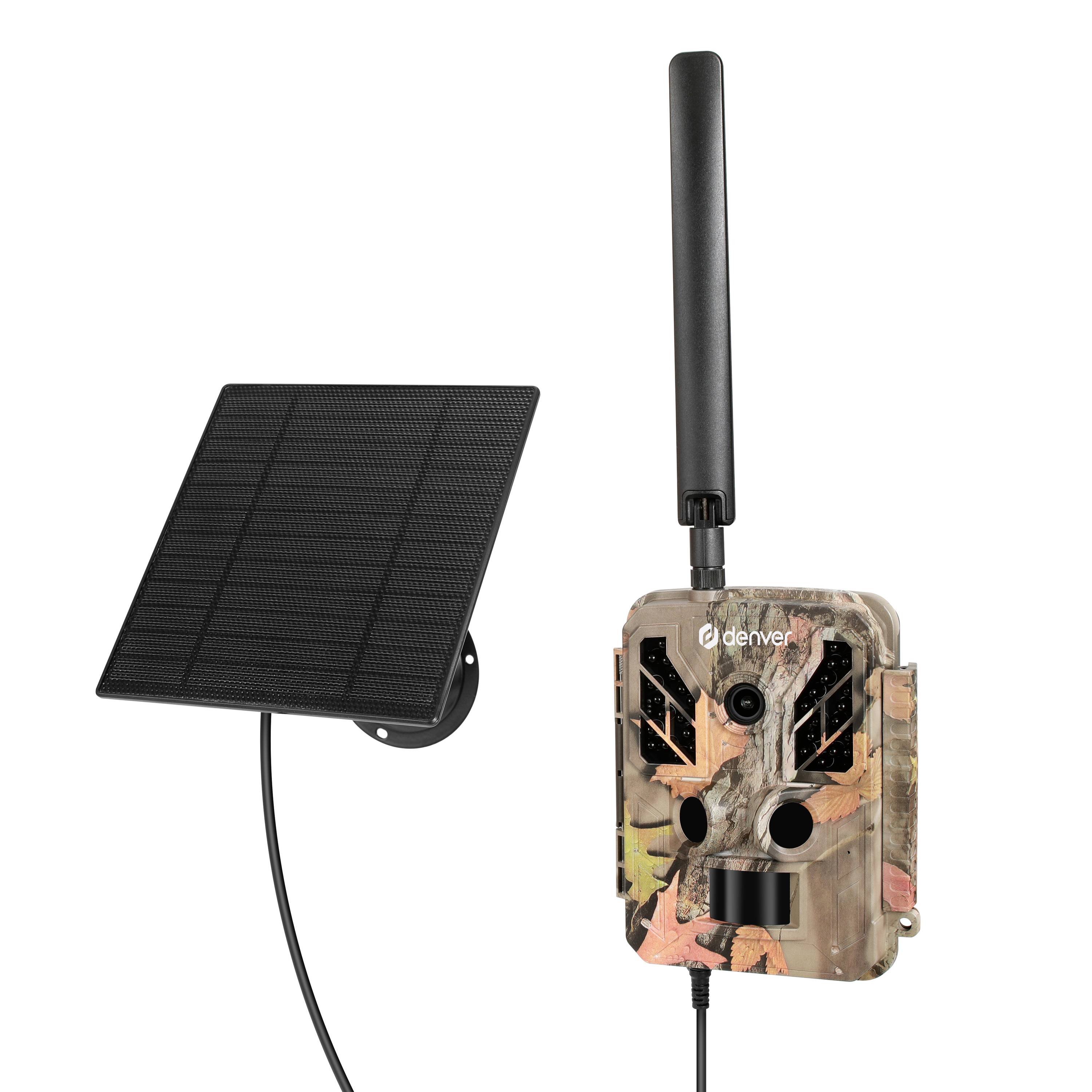 Caméra de faune alimentée à l'énergie solaire avec antenne à côté d'un petit panneau solaire sur fond blanc.