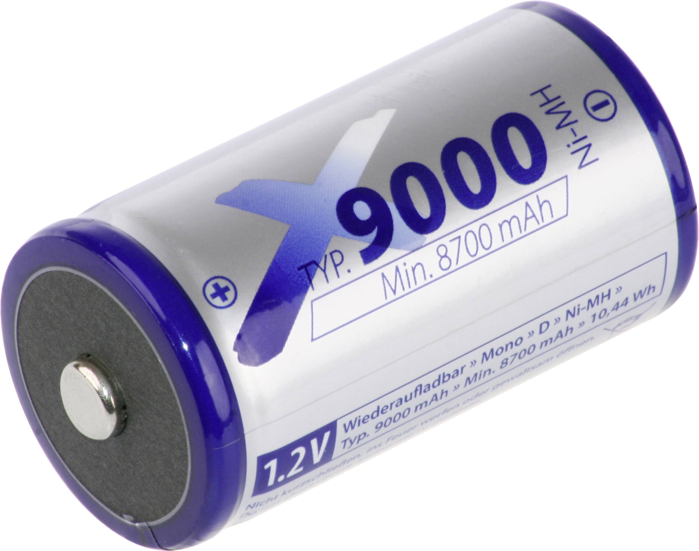 Gros plan d'une batterie rechargeable Ni-MH blanc et bleu 1,2V étiquetée « X 9000 » et « Min. 8700 mAh ».