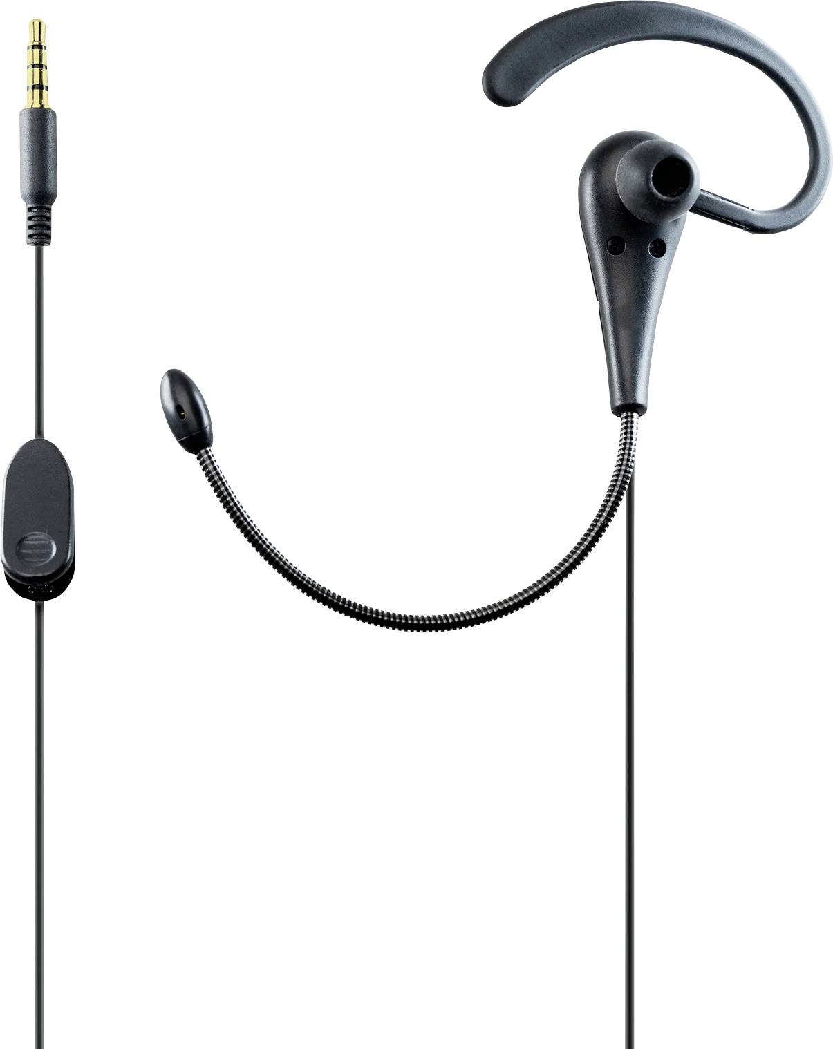 Casque-écouteur sans fil monoauriculaire noir avec arceau auriculaire flexible et commande en ligne/microphone sur fond blanc.