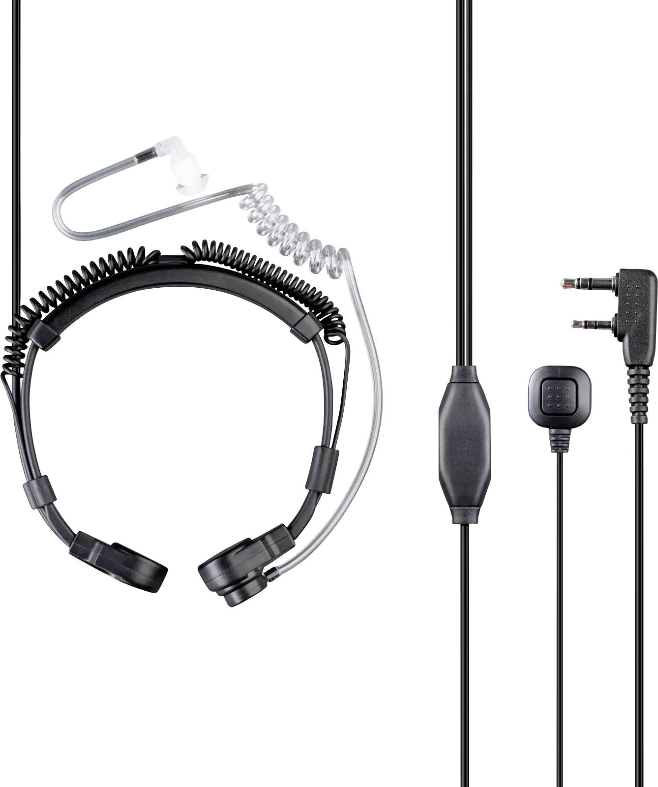 Casque intra-auriculaire noir avec tube acoustique enroulé et transparent, bouton de transmission par pression intégré au câble, et connecteur 2 broches à angle droit pour la communication radio.
