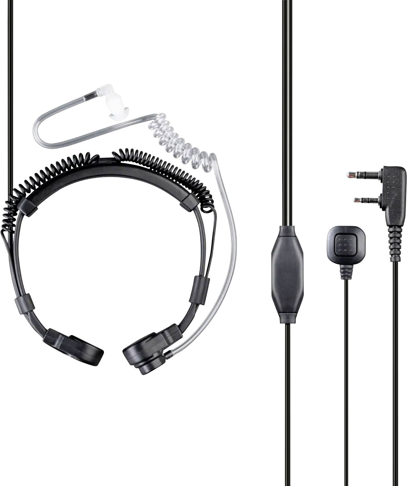 Casque d'écoute enroulé avec tube acoustique transparent, bouton de transmission à appui sur le câble, et connecteur 2 broches à angle droit sur un câble noir