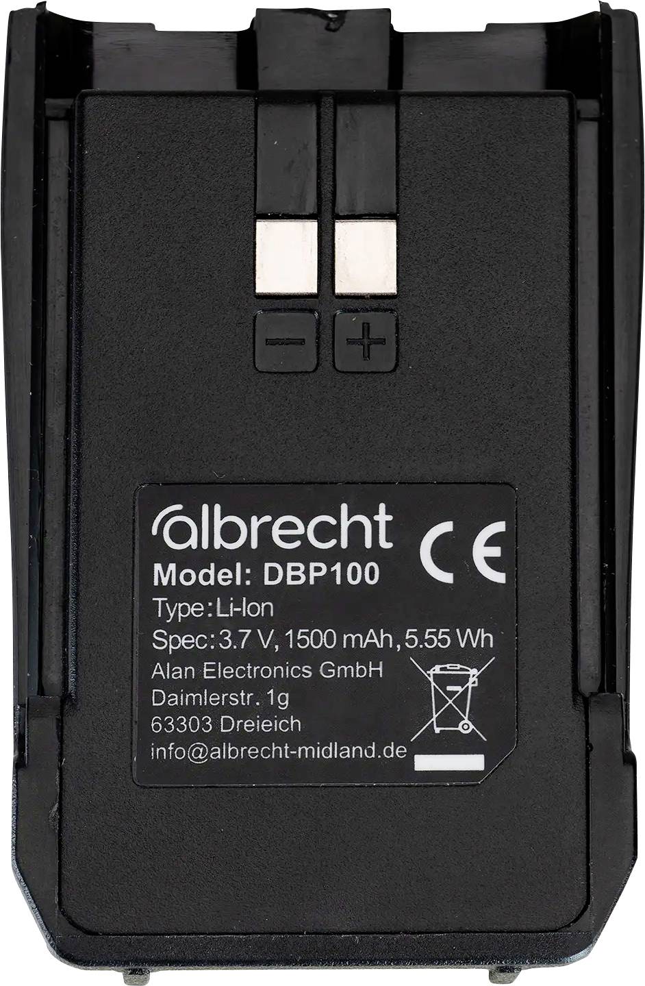 Batterie pack Li-ion Black Albrecht DBP100 avec bornes + et -, étiquetée 3,7 V, 1500 mAh, 5,55 Wh.