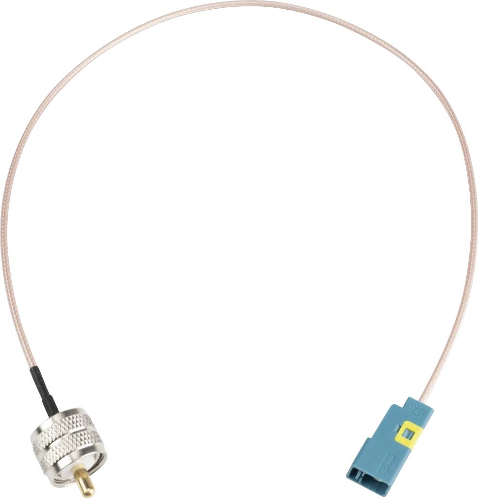 Adaptateur de câble coaxial avec connecteur métallique d'un côté et prise bleue de l'autre, présenté sur un fond blanc.