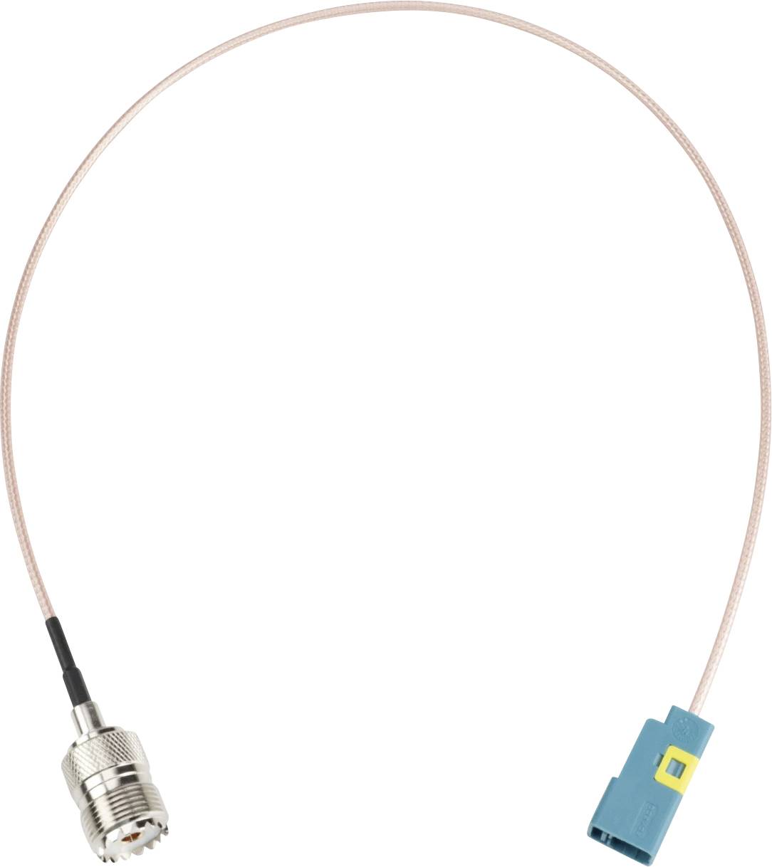 Câble coaxial avec connecteur en argent à une extrémité et connecteur rectangulaire bleu à l'autre extrémité.