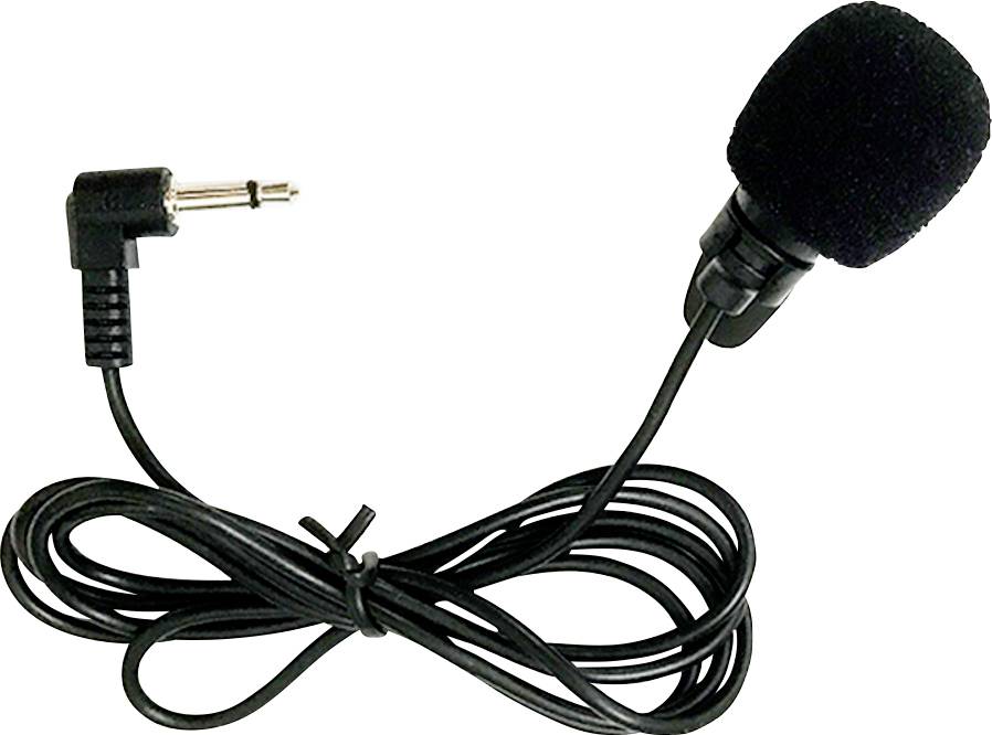 Microphone à revers câblé noir avec pare-vent en mousse et prise jack 3,5 mm coudée, câble enroulé sur fond blanc