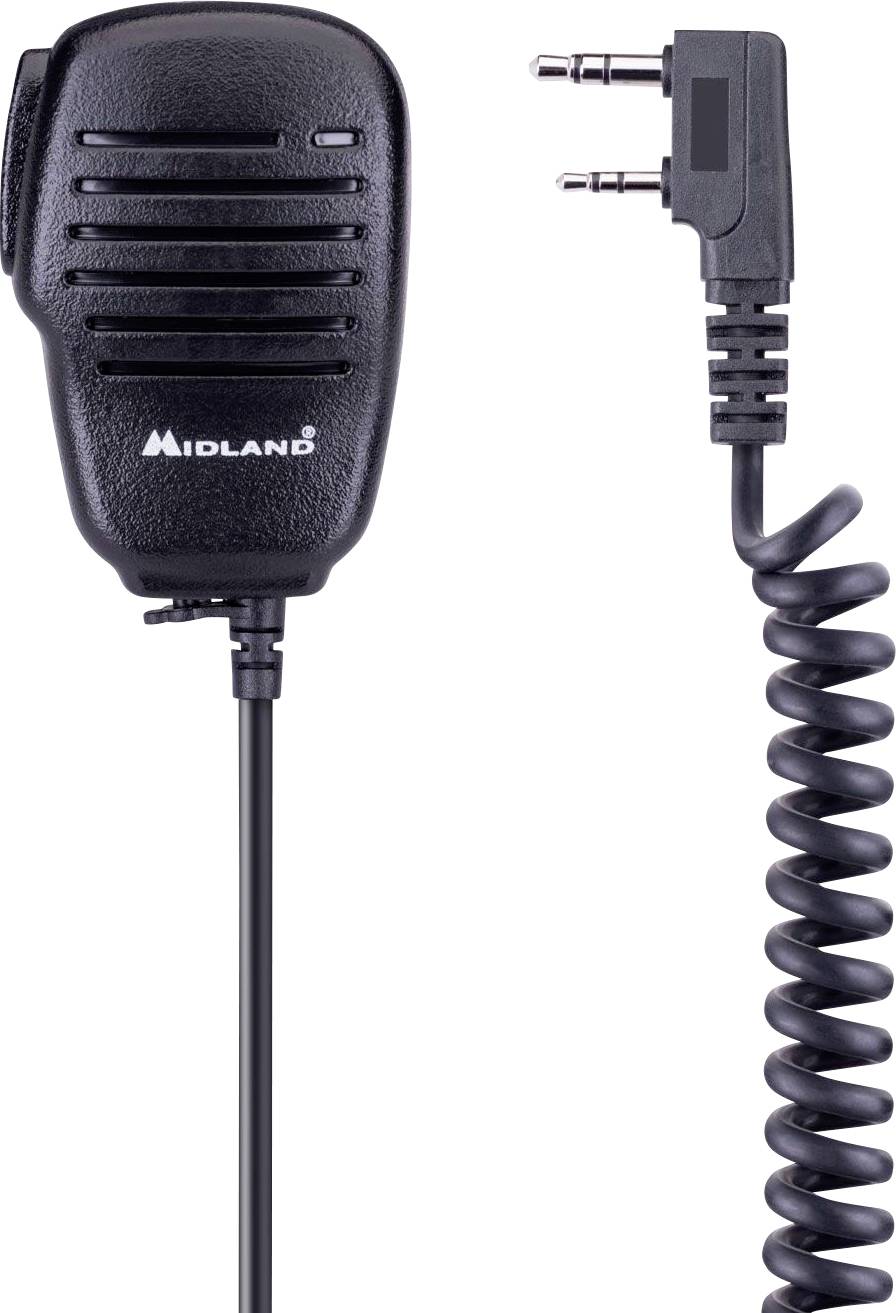 Microphone Midland avec poussoir d'émission câblé et connecteur 2 broches enroulé sur fond blanc