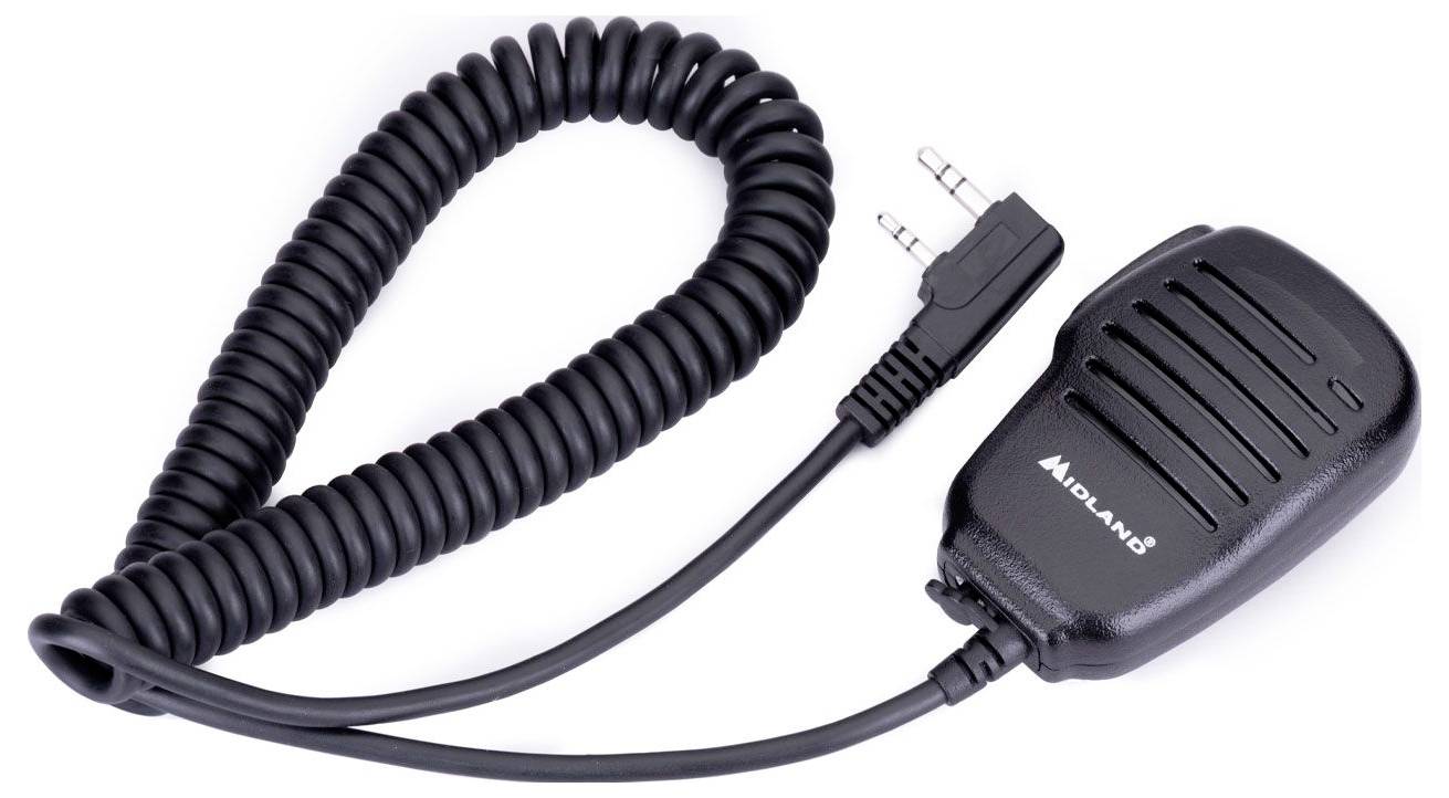 Microphone talkie-walkie Midland noir portatif bidirectionnel avec cordon enroulé et connecteur à 2 broches sur fond blanc