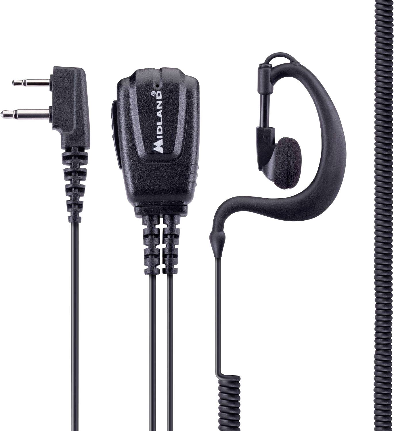 Écouteur de talkie-walkie noir bidirectionnel avec microphone, cordon enroulé et connecteur audio à angle droit.