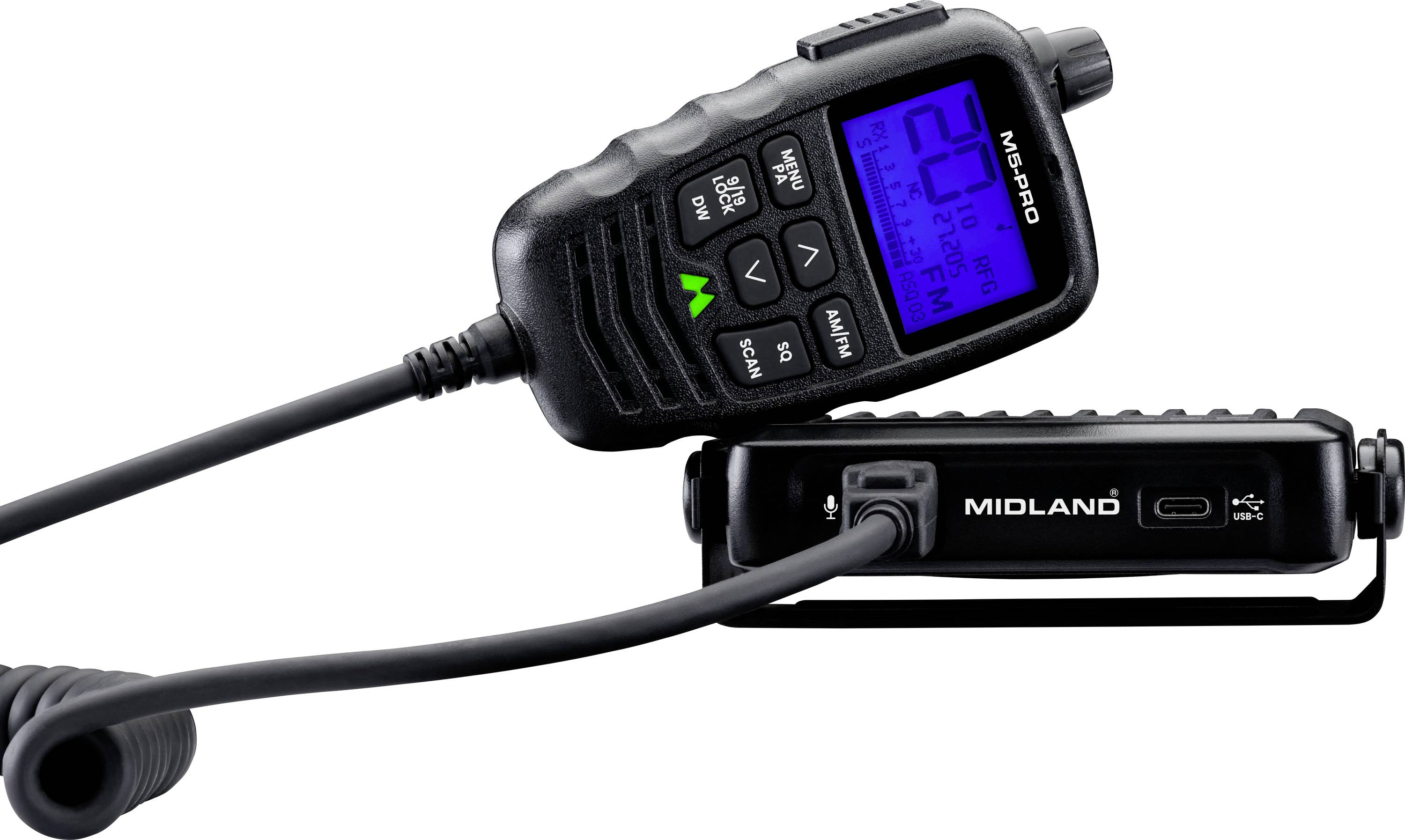 Radio bidirectionnel portatif Midland noir avec affichage rétroéclairé bleu et microphone-haut-parleur intégré, présenté avec un cordon enroulé sur un fond blanc.