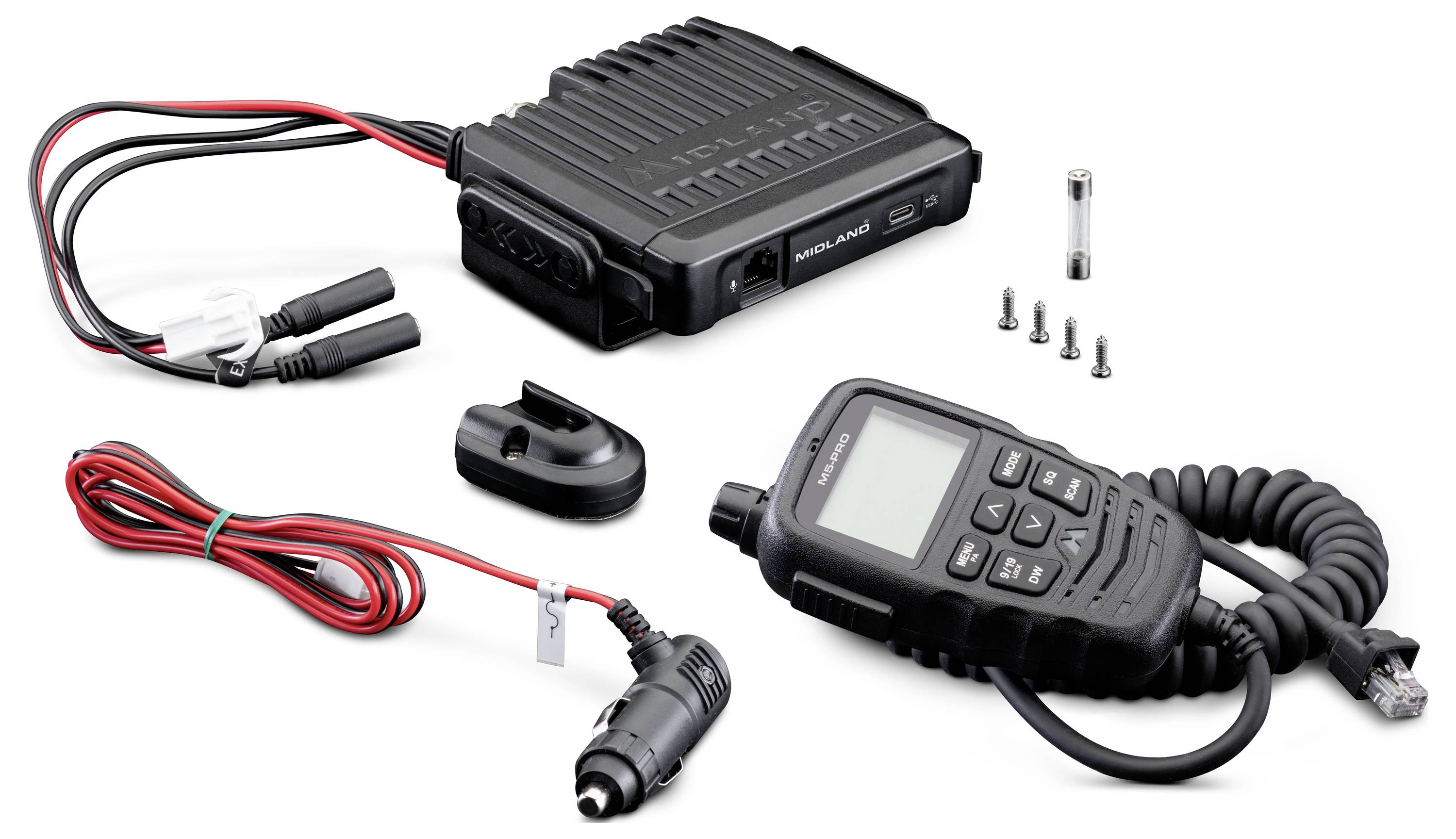 Emballage d'un ensemble de transcepteur radio Midland avec combiné, support de montage, câble d'alimentation, microphone, vis et fusible sur fond blanc.