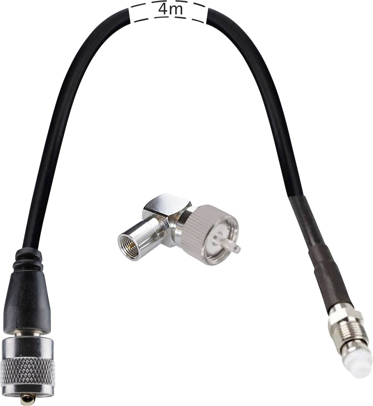 Câble coaxial de 4 m avec connecteurs, montré avec un adaptateur à angle droit et un bouchon de protection sur fond blanc.