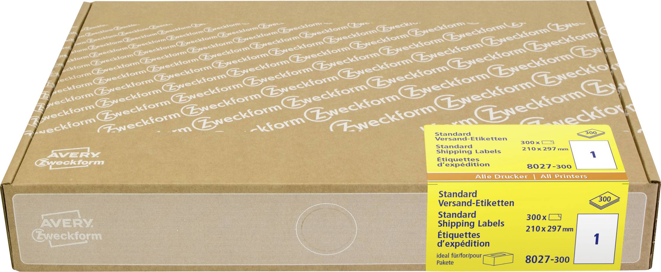 Une boîte en carton d'étiquettes d'expédition standard Avery Zweckform, avec des étiquettes de produit jaunes sur le côté montrant l'article 8027-300 et une taille de 300 x 210 mm.