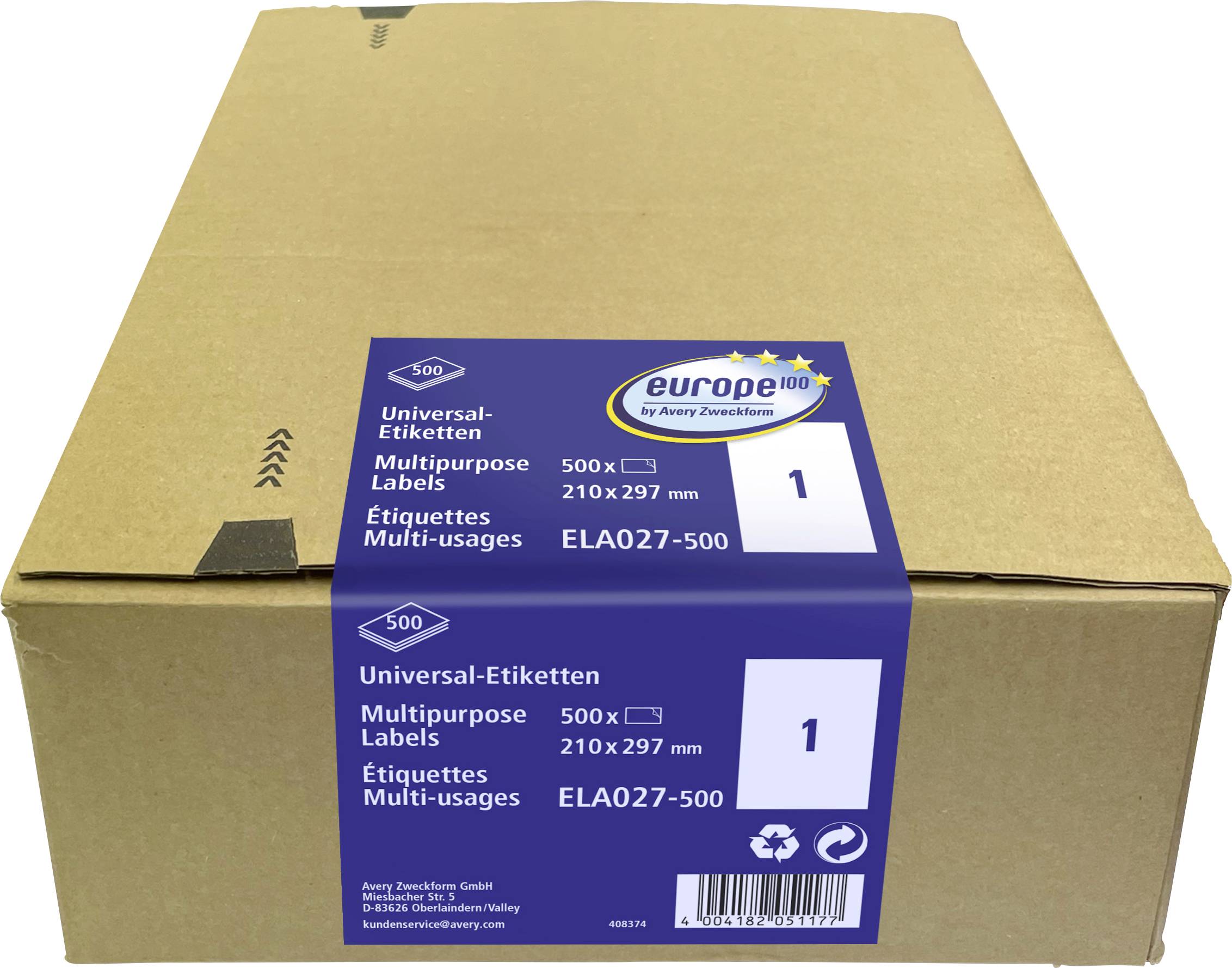 Geschlossene Kartonbox mit blauem Etikett für Europa 100 universelle Multifunktionsetiketten, Größe 210 x 297 mm, Packung mit 500 Stück.