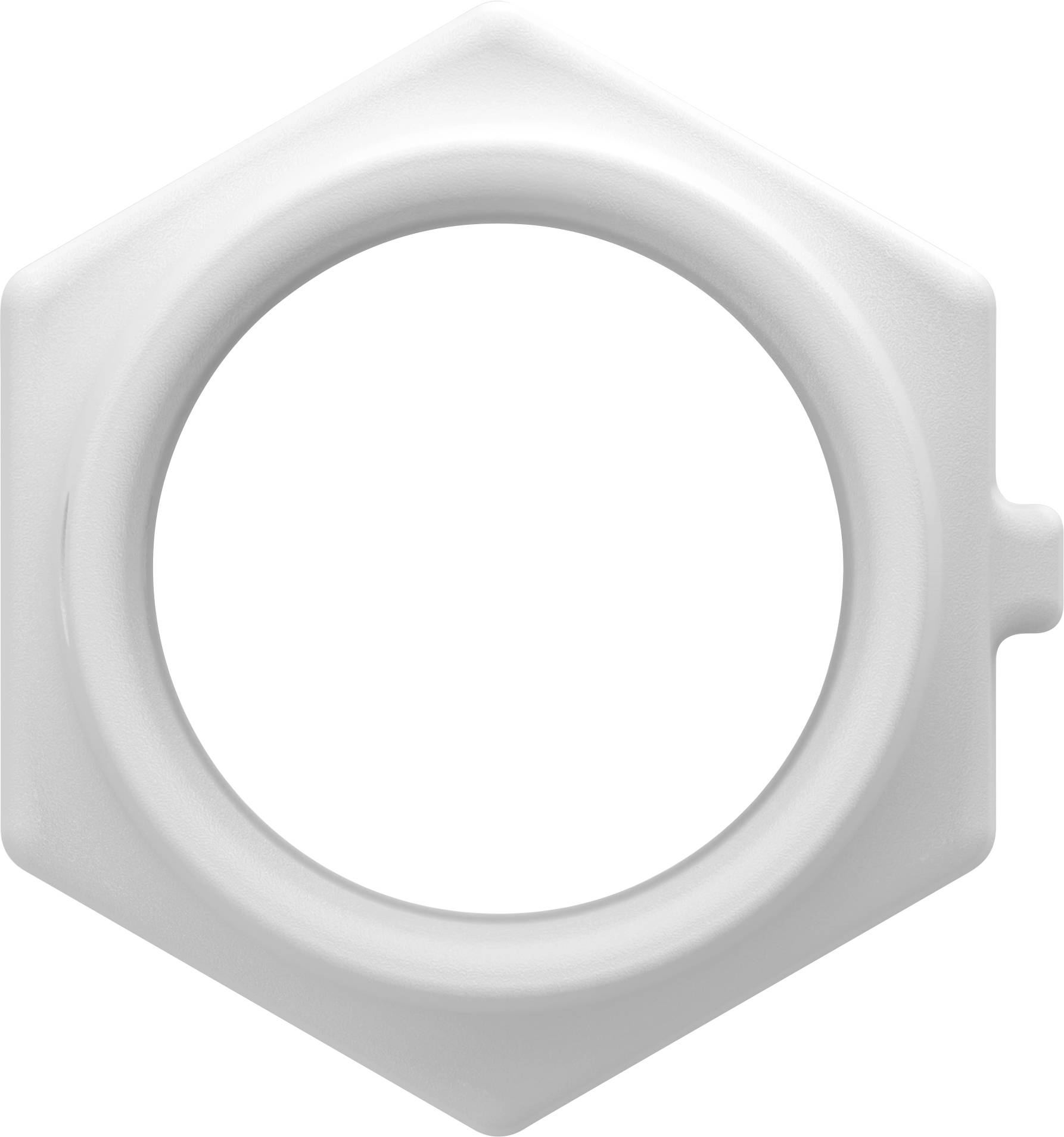 Écrou hexagonal en plastique blanc ou rondelle avec ouverture intérieure filetée, montré isolé sur un fond blanc.