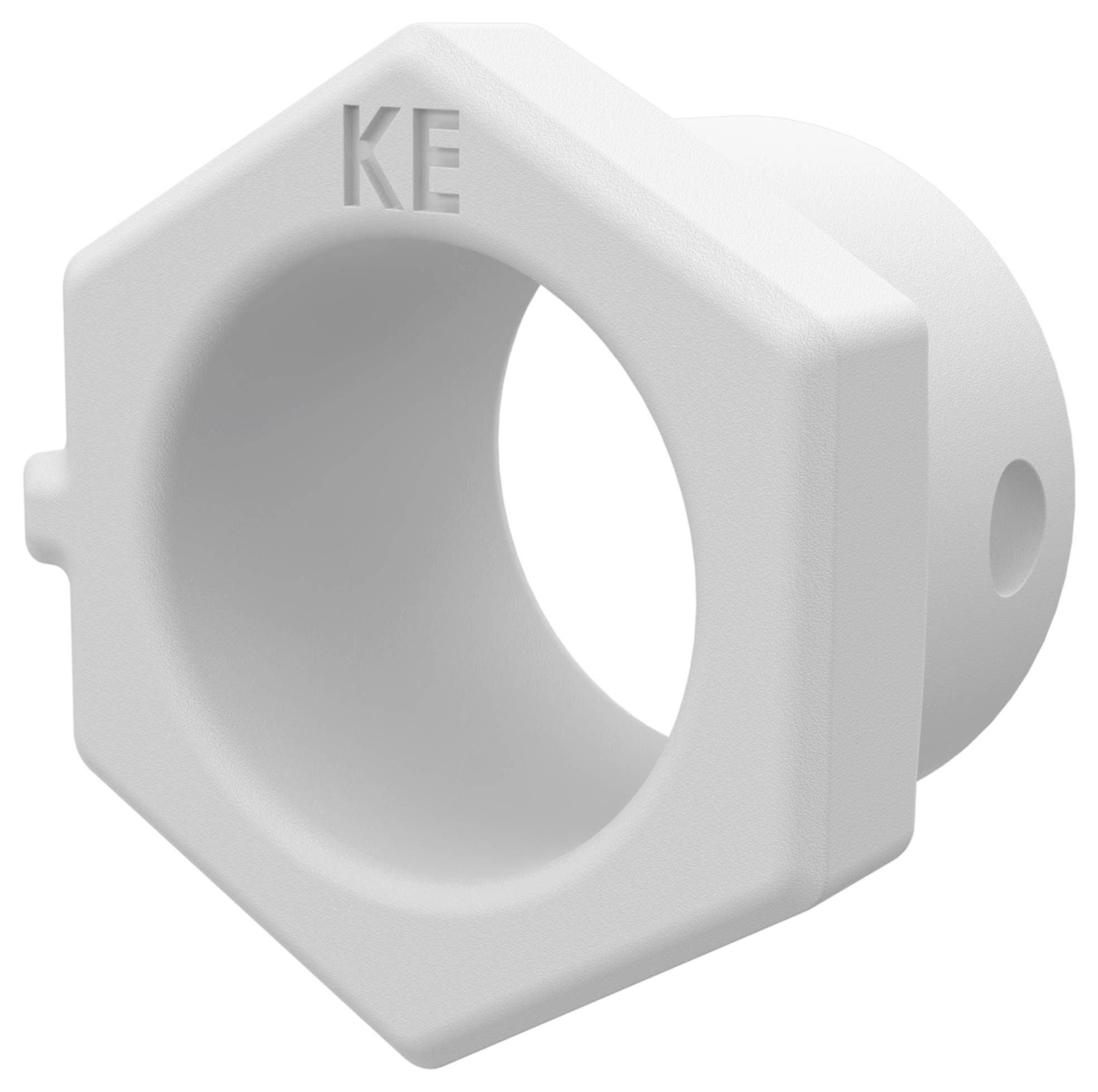 Raccord de tuyau plastique blanc hexagonal avec une grande ouverture circulaire et des trous latéraux, étiqueté « KE ».