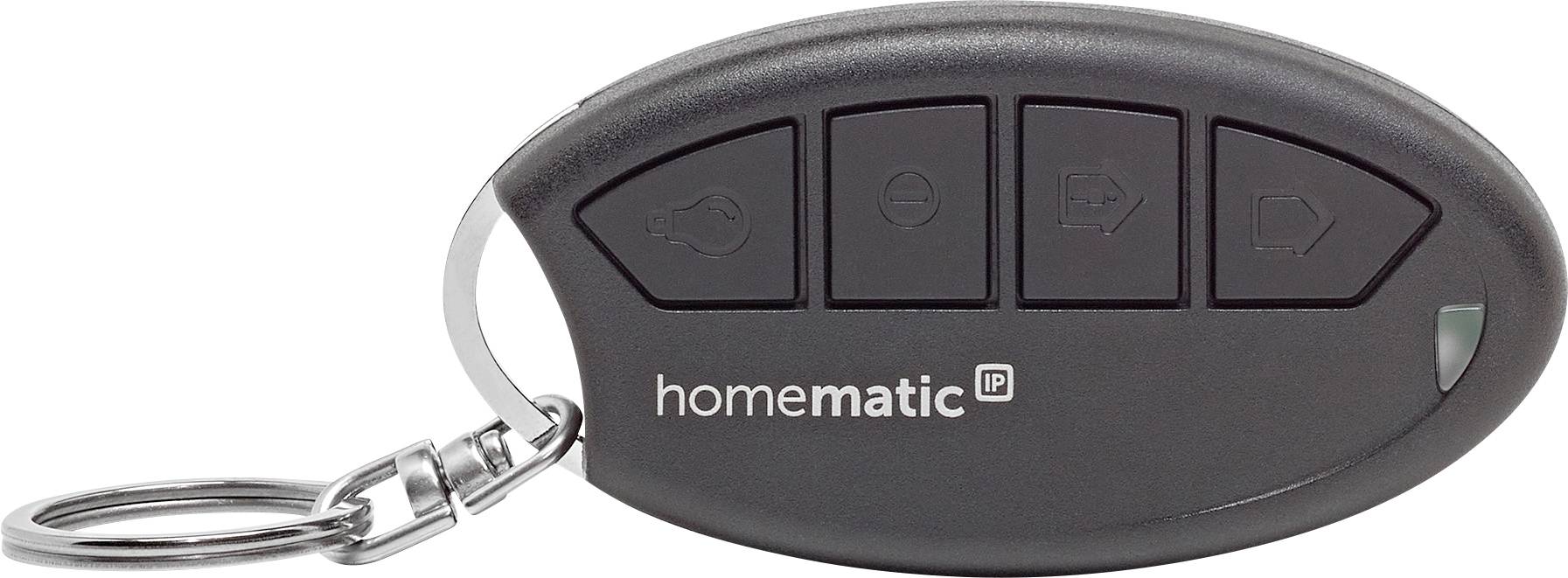 Télécommande Homematic IP noire avec porte-clés, quatre boutons triangulaires.
