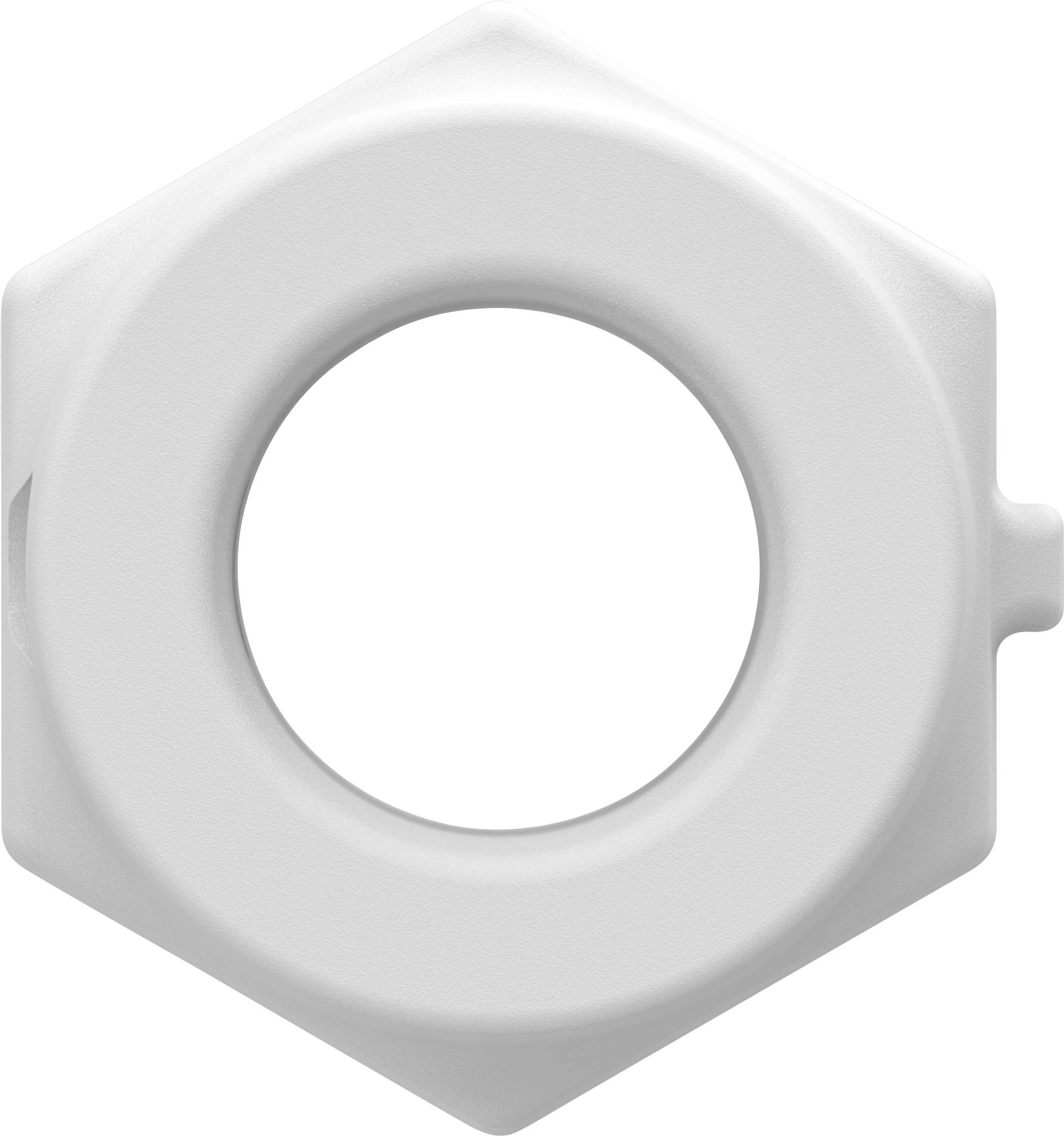 Écrou hexagonal blanc avec un trou central circulaire, présenté de face sur un fond uni.