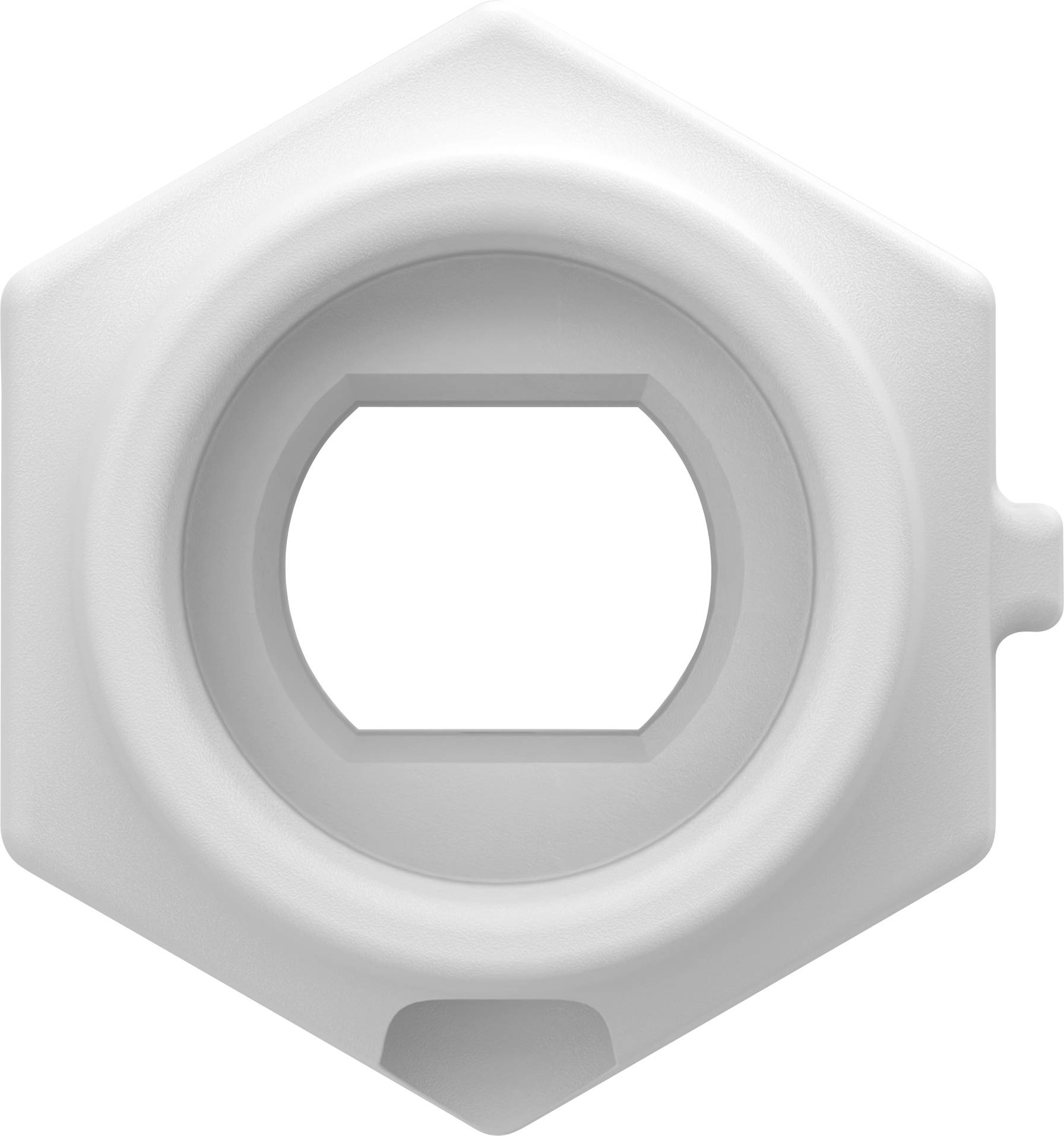 Bouchon ou couvercle en plastique blanc de forme hexagonale avec une ouverture hexagonale centrale et une petite languette latérale, présenté sur un fond blanc.