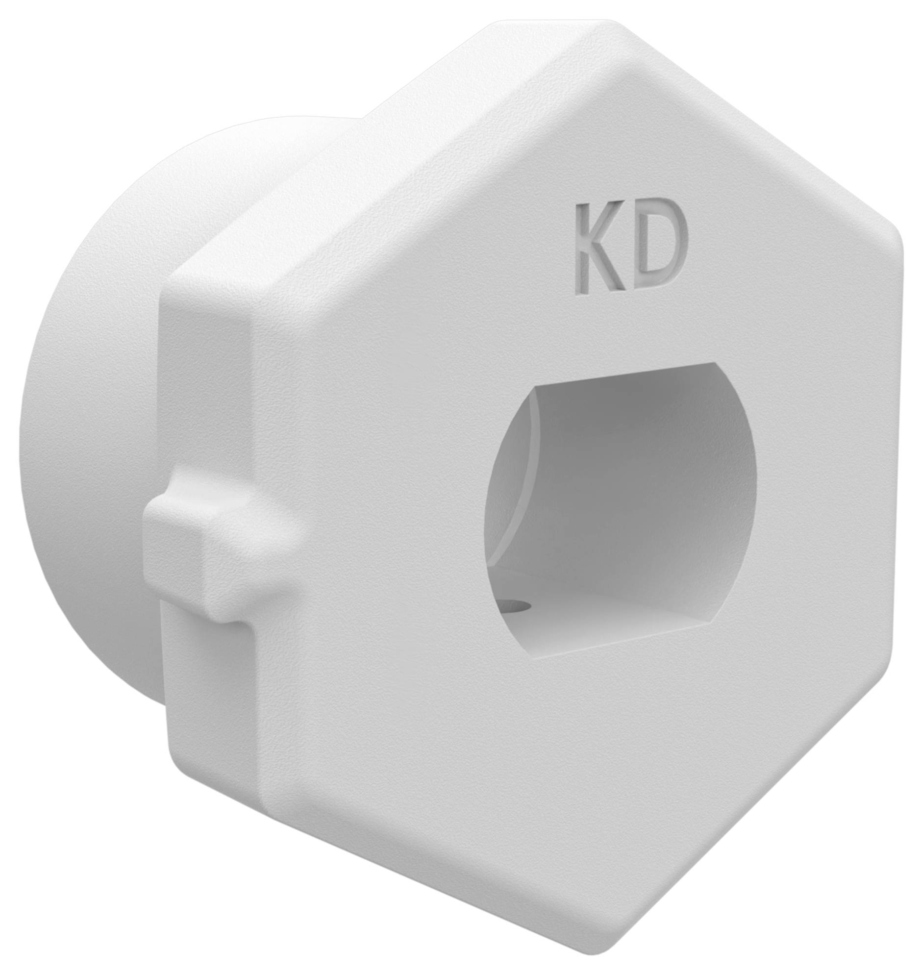 Bouchon ou couvercle hexagonal en plastique blanc avec l'inscription « KD » en relief et une ouverture carrée au centre, présenté sur un fond uni.