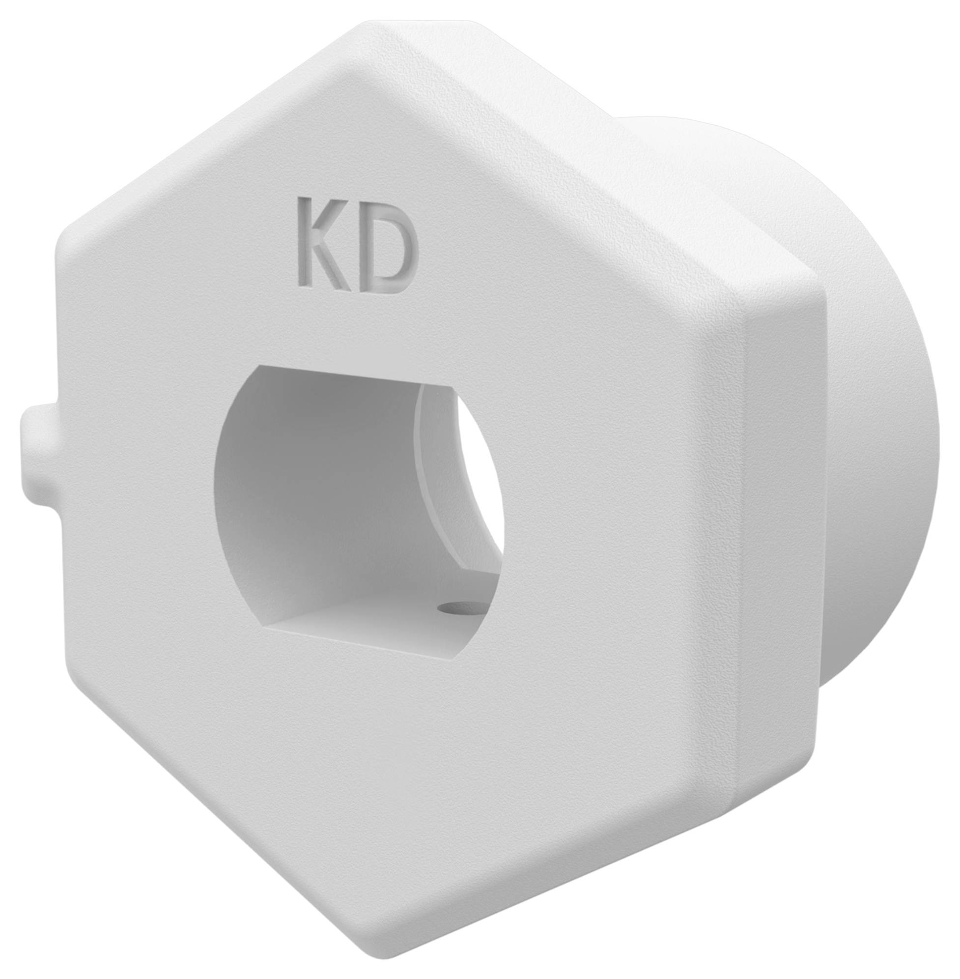 Boîtier de connecteur en plastique blanc de forme hexagonale avec une ouverture centrale, marqué en relief « KD » sur la face avant.