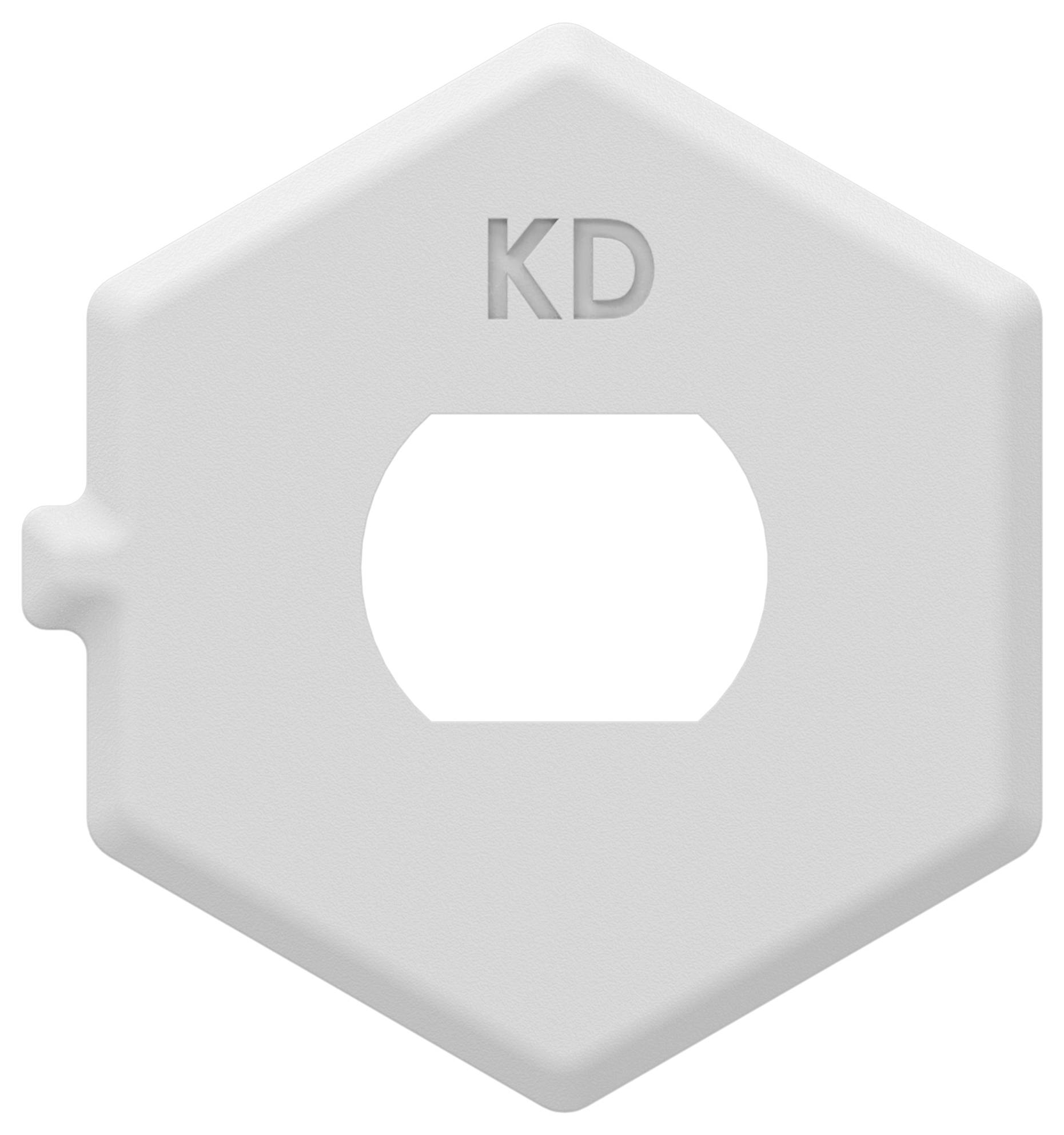 Capuchon de clé hexagonal gris en plastique étiqueté « KD » avec une ouverture centrale et une languette latérale.
