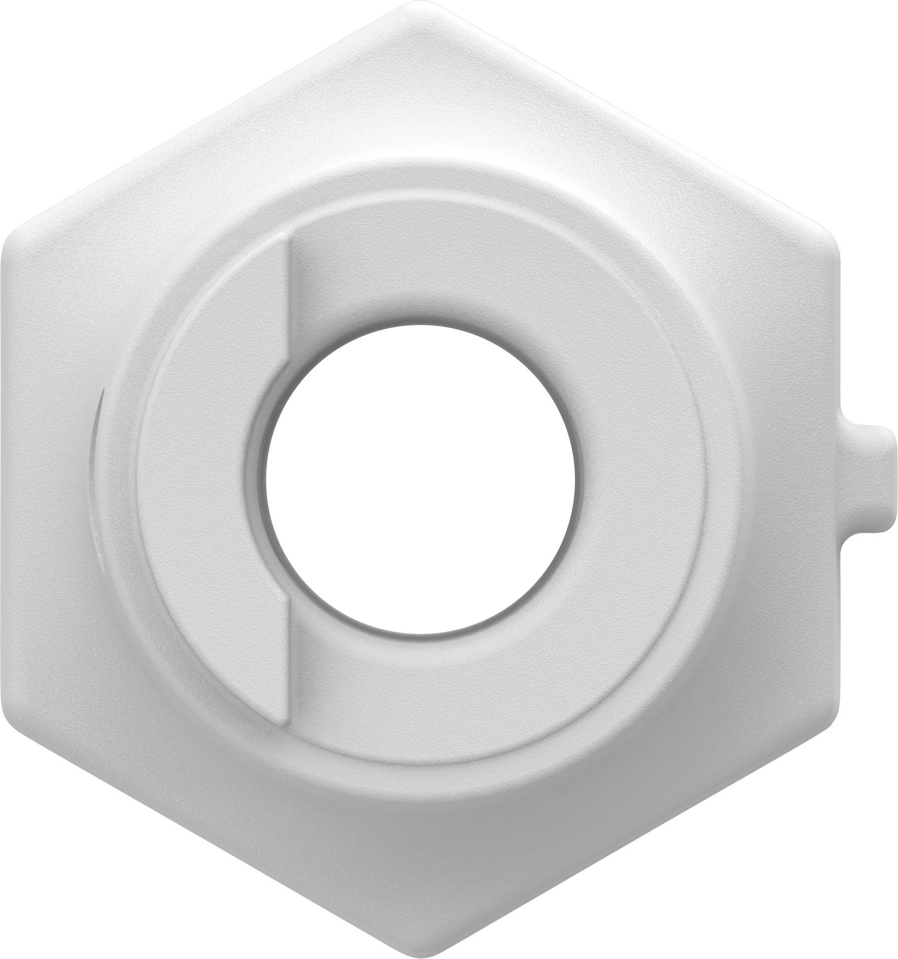 Un écrou ou capuchon en plastique gris hexagonal avec un trou central circulaire, présenté sur un fond blanc.