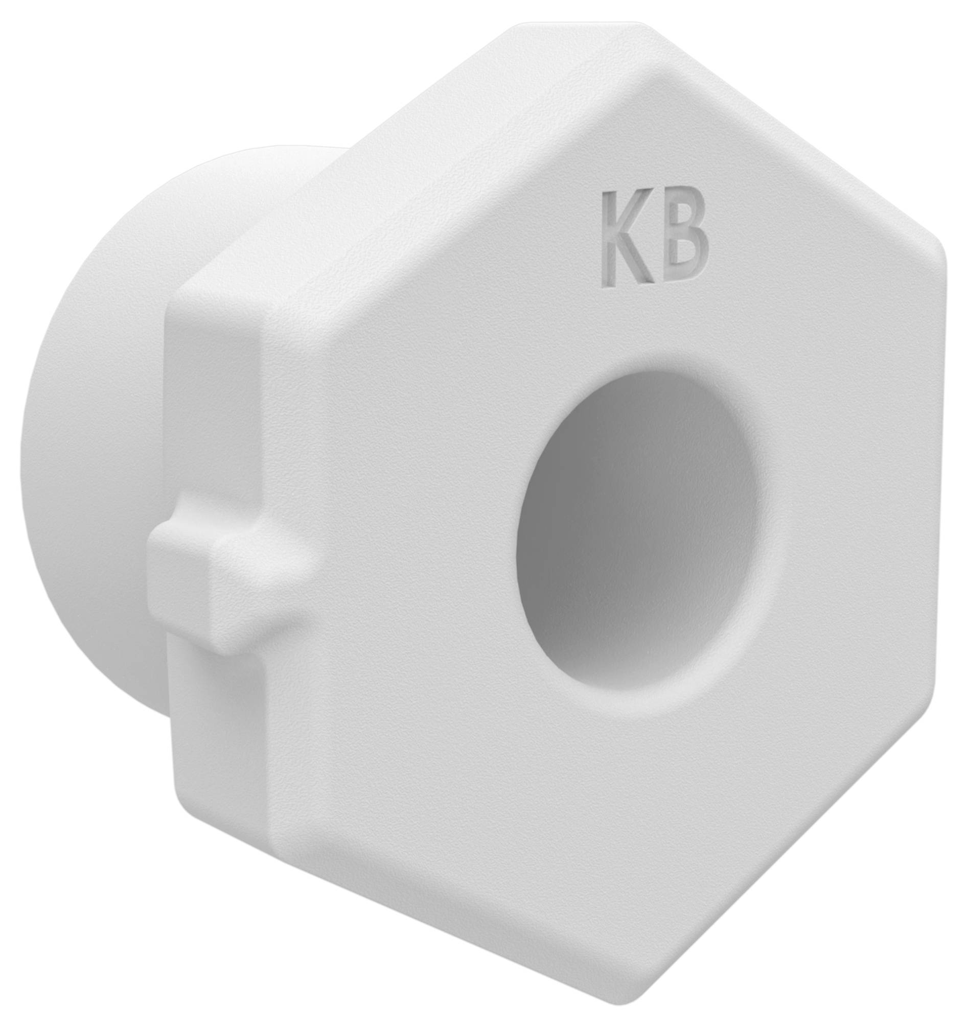 Capuchon plastique hexagonal 3D blanc avec un trou rond central et les initiales « KB » en relief sur la face avant, présenté en gros plan sur un fond blanc.