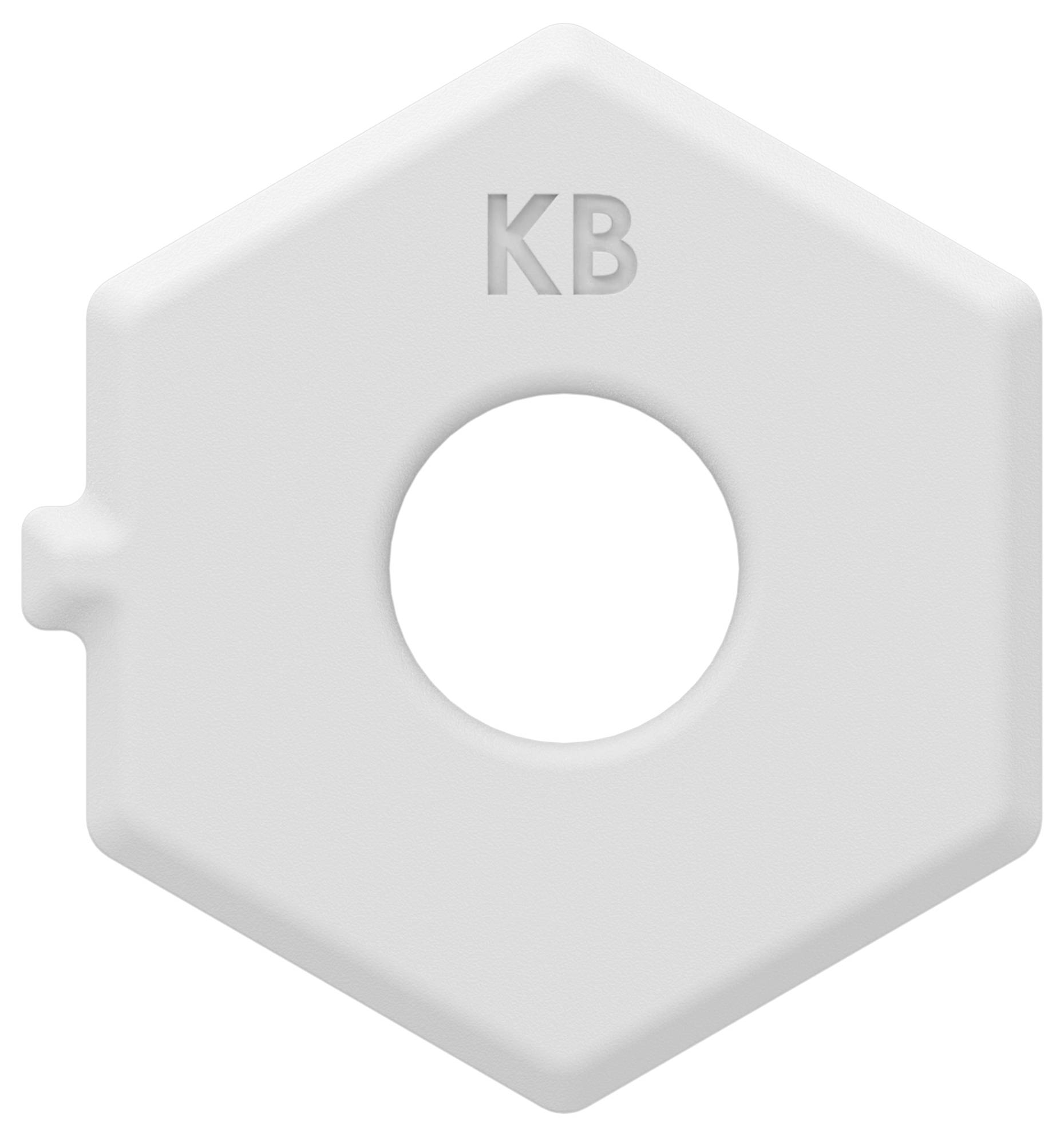 Capuchon de clé hexagonal blanc en plastique étiqueté « KB » avec un trou circulaire central et une petite languette latérale sur la gauche.