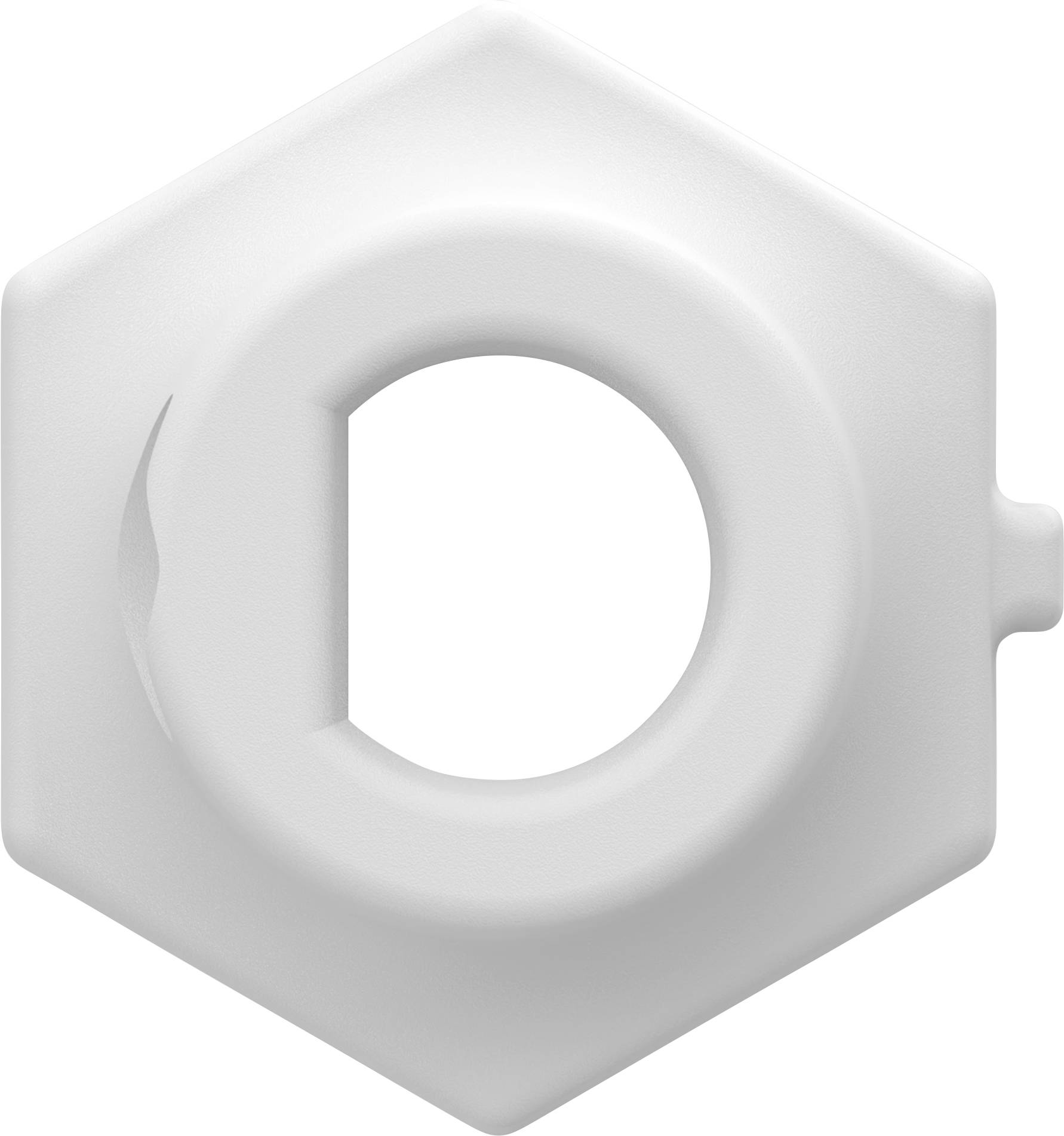 Icône d'écrou hexagonal blanc avec un trou circulaire central et une petite protubérance latérale sur un fond uni.