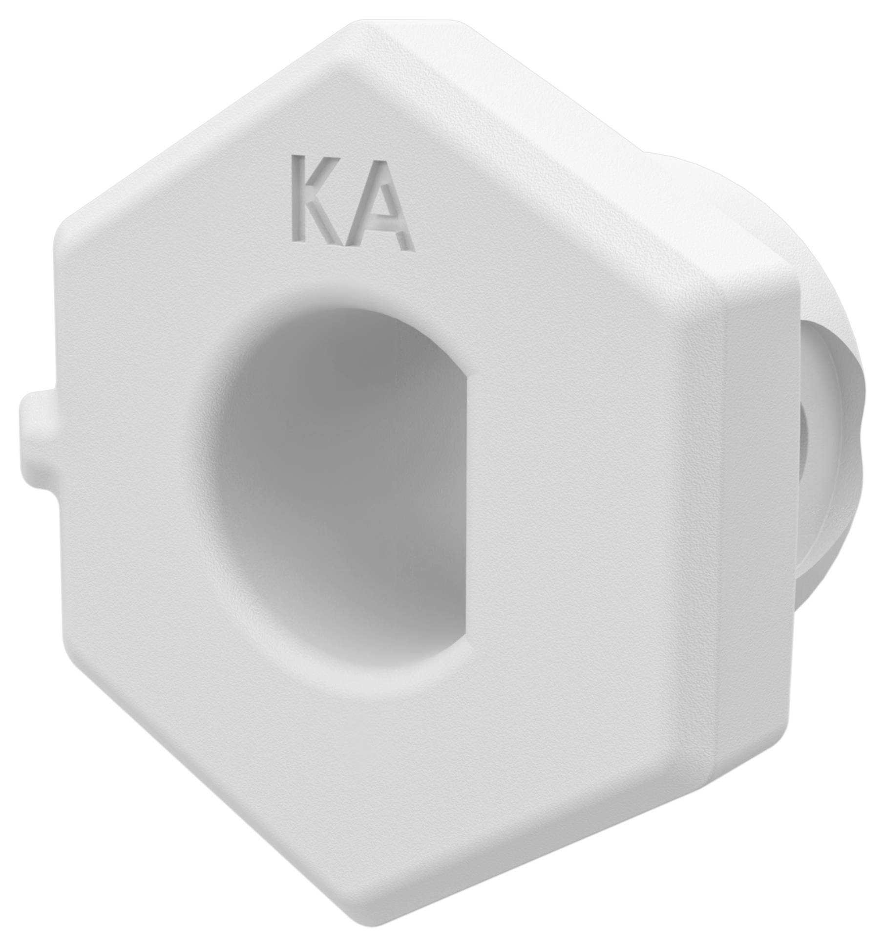 Adaptateur ou bague en plastique blanc hexagonal avec un trou central circulaire et l'inscription 'KA' en relief sur le dessus, montré sur un fond uni.