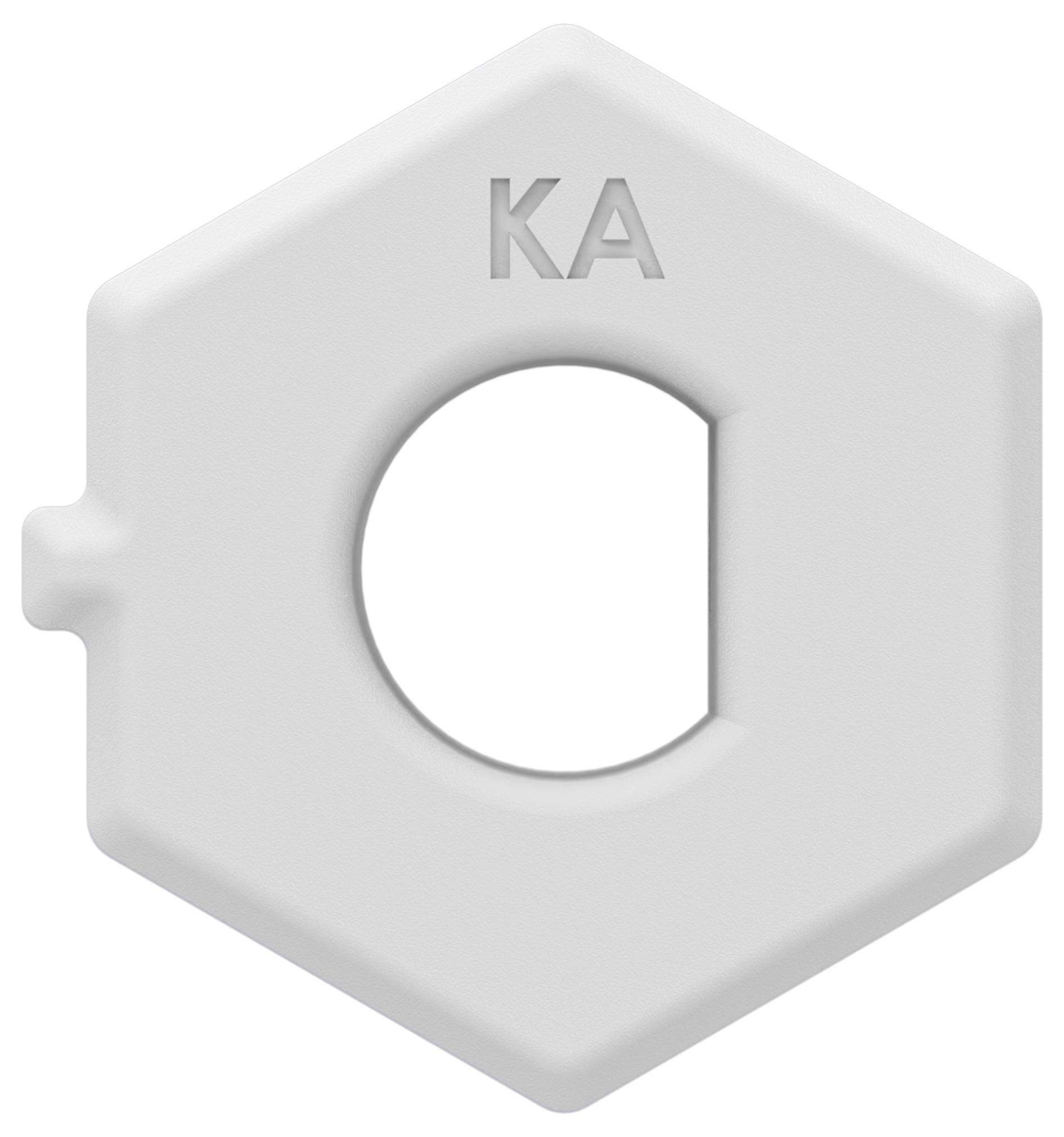 Rondelle hexagonale blanche ou écrou avec un trou circulaire central et les lettres 'KA' en relief en haut.