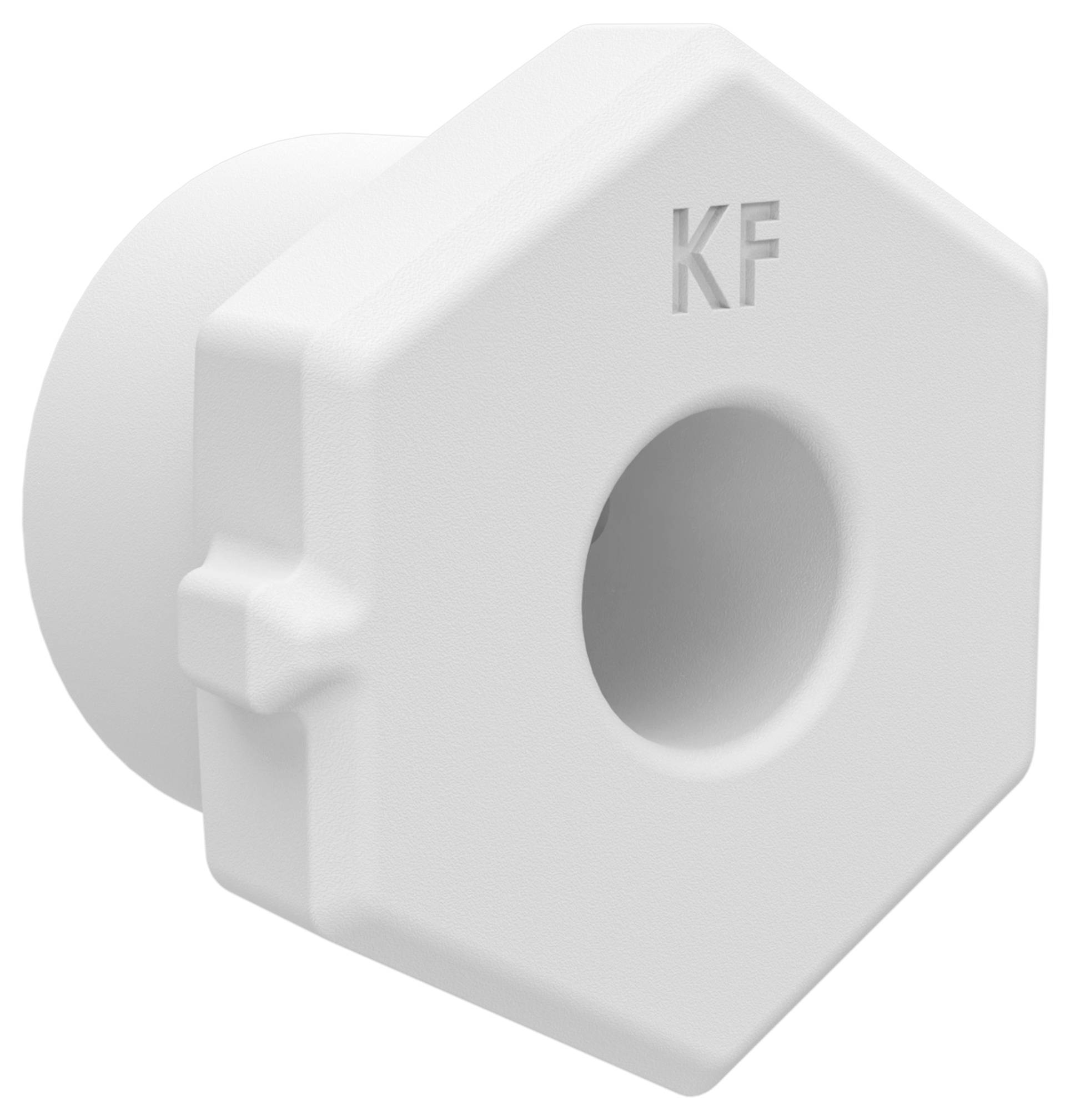 Attache plastique hexagonale blanche ou bouton étiqueté « KF » avec un trou central et une languette latérale, présenté en 3D sur un fond uni.