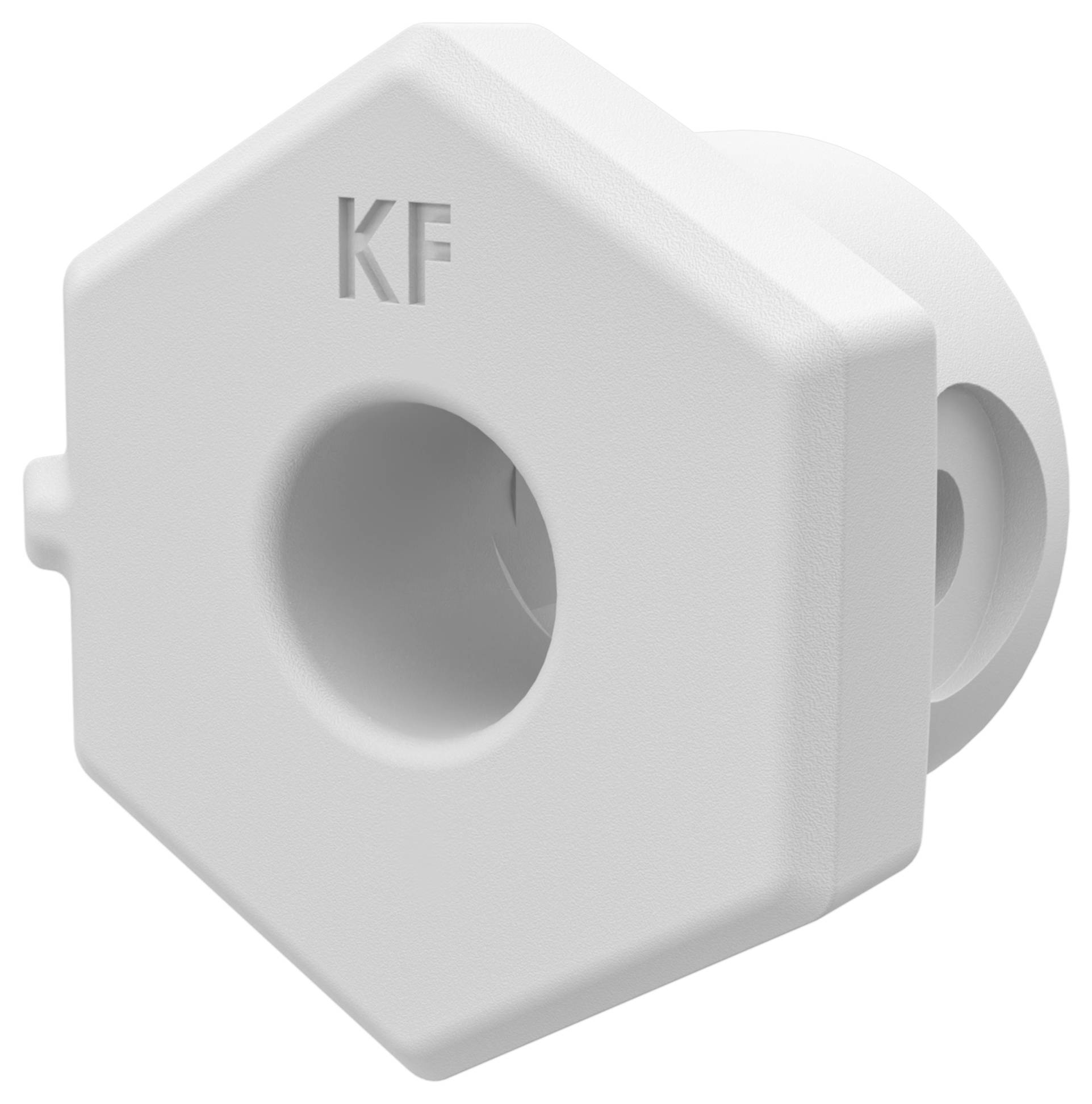 Clip de montage en plastique hexagonal blanc avec un trou central, étiqueté « KF », présenté en 3D sur un fond neutre.