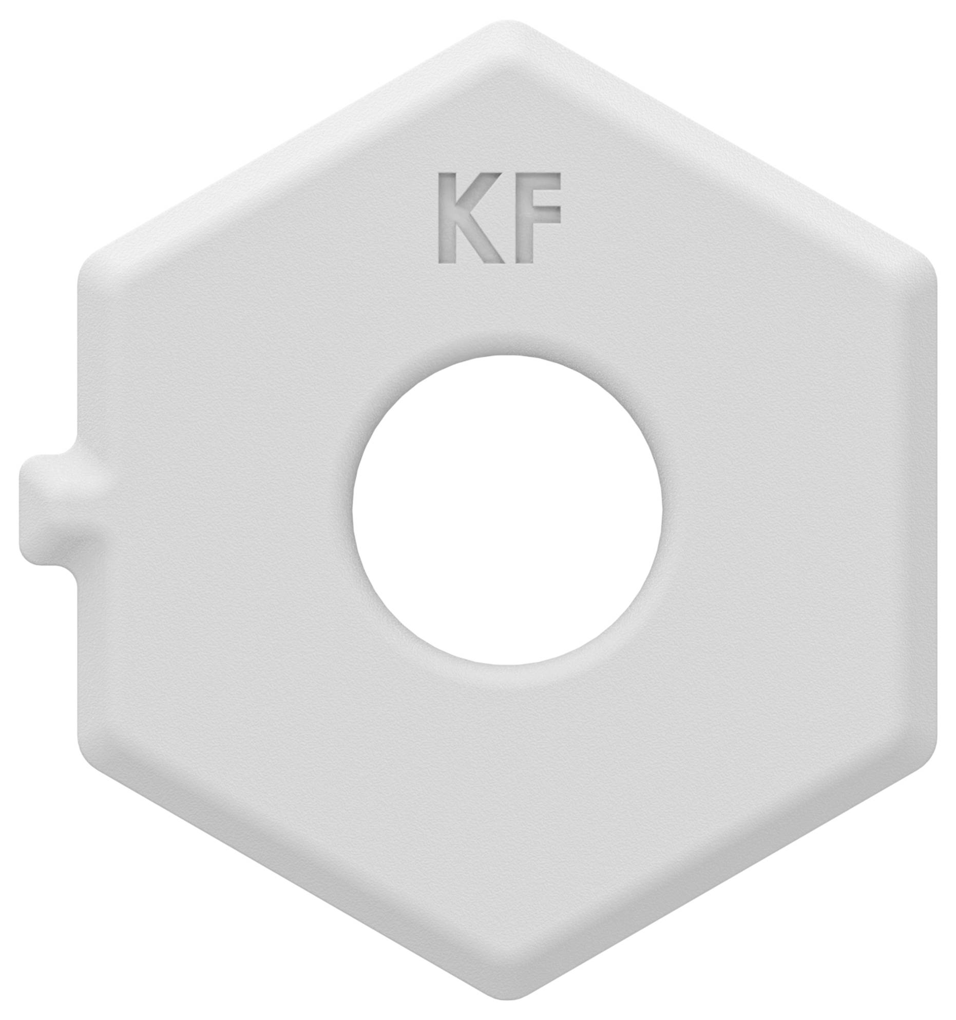 Bouchon hexagonal en plastique gris avec trou central, marqué « KF » en haut.