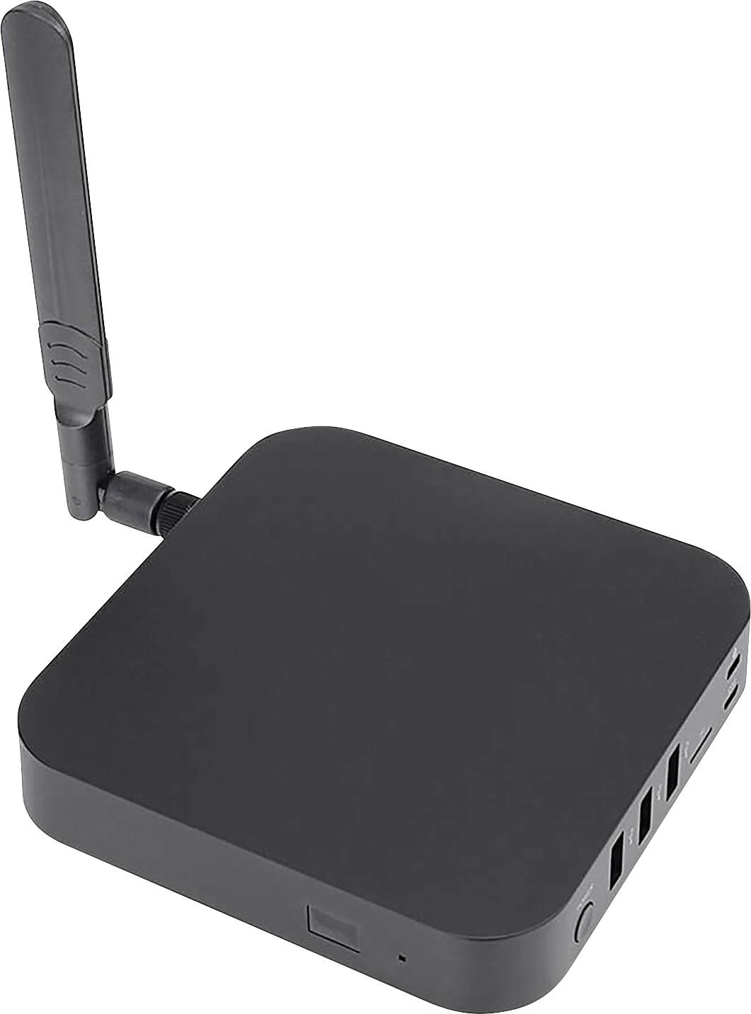 Appareil rectangulaire sans fil de couleur noire avec une seule antenne externe et des ports latéraux, présenté sur un fond blanc.