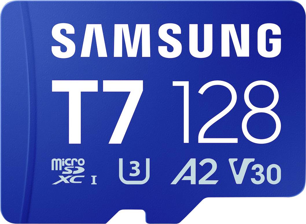 Carte microSD Samsung T7 128 Go, étiquette bleue avec les classifications de vitesse A2 et V30.
