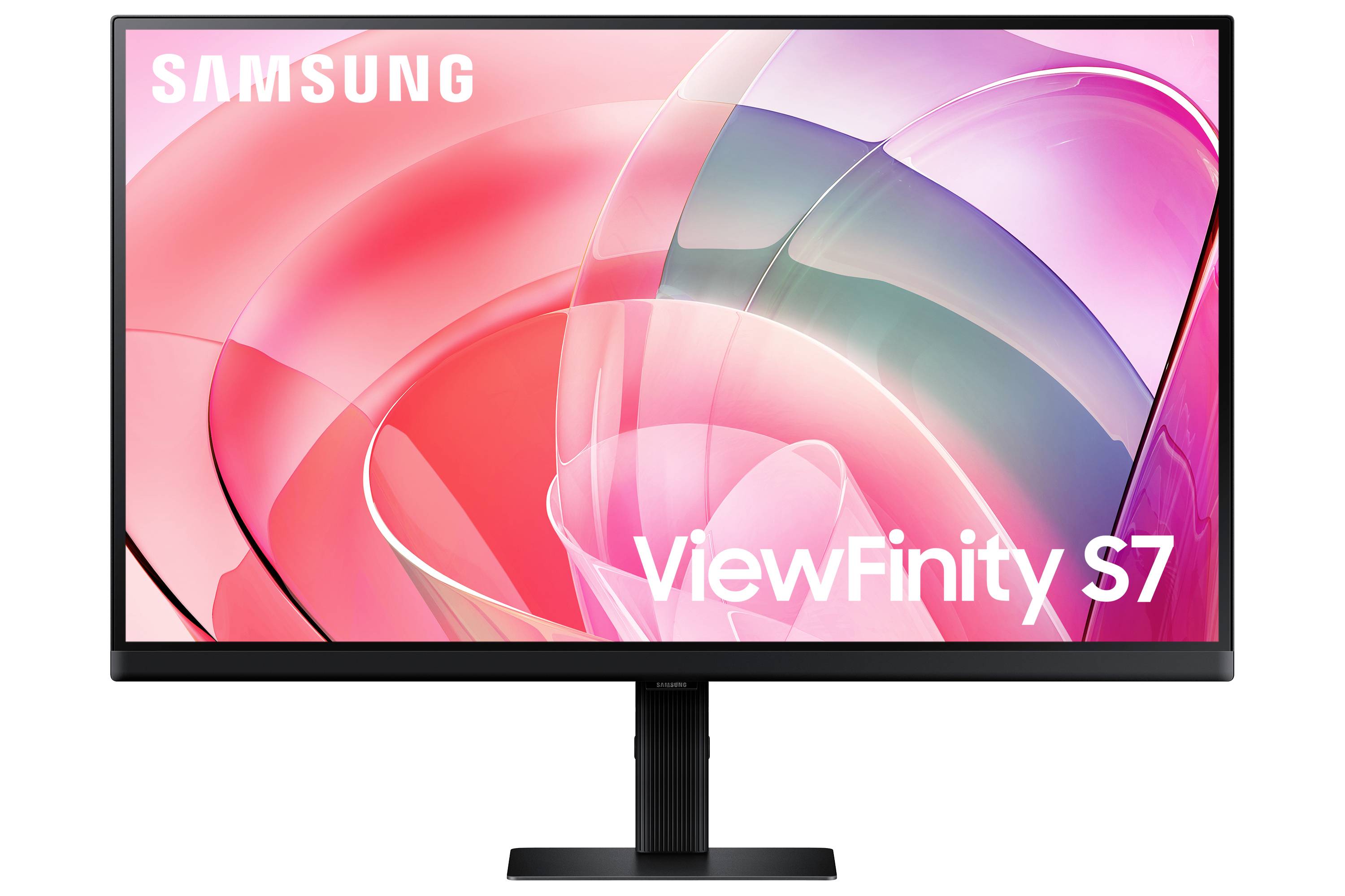 Moniteur Samsung ViewFinity S7 avec écran abstrait rose sur un support