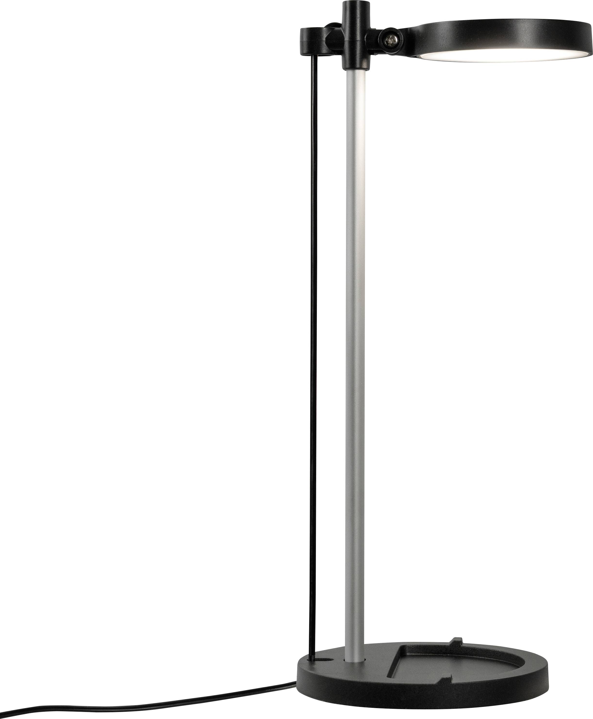 Lampe de bureau moderne noire et argentée avec une base ronde, un poteau vertical et une tête de lumière horizontale ajustable ; cordon d'alimentation visible.