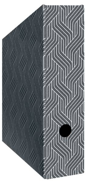 Armoire ou coffret géométrique moderne aux côtés à motifs foncés et une petite poignée circulaire noire sur le devant.