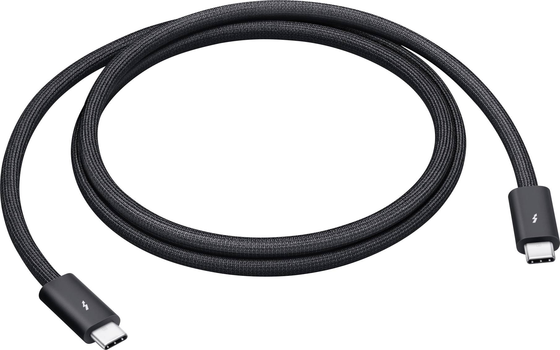 Câble de charge USB-C noir enroulé avec des connecteurs aux deux extrémités, présenté sur un fond blanc.