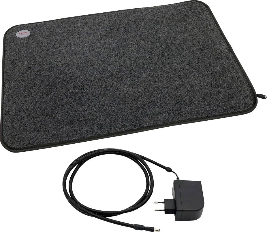 Tapis chauffant pour animaux de compagnie avec cordon d'alimentation et adaptateur de prise, présenté sur un fond blanc.