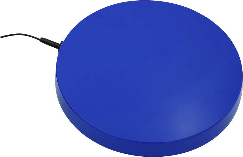 Tapis de recharge sans fil rond bleu avec un câble noir attaché à gauche