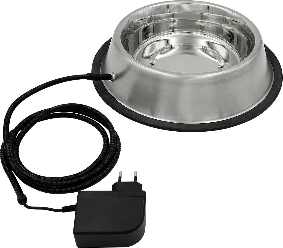 Bol chauffant pour animaux de compagnie en acier inoxydable avec cordon d'alimentation et adaptateur de prise intégrés, présenté sur un fond blanc.
