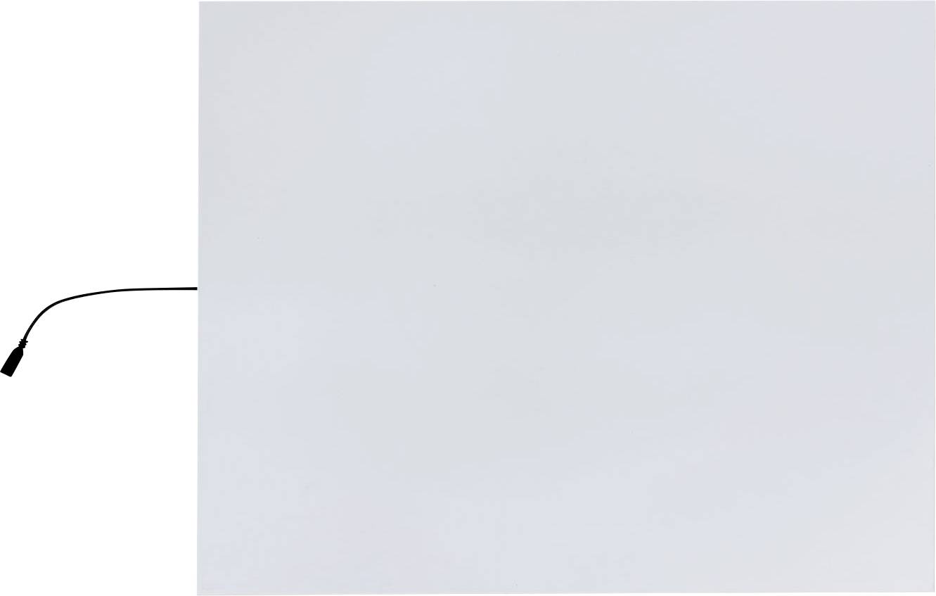 Image minimale avec un panneau rectangulaire gris clair couvrant la majeure partie d'un fond blanc, avec un petit câble ou cordon noir visible sur le bord gauche.